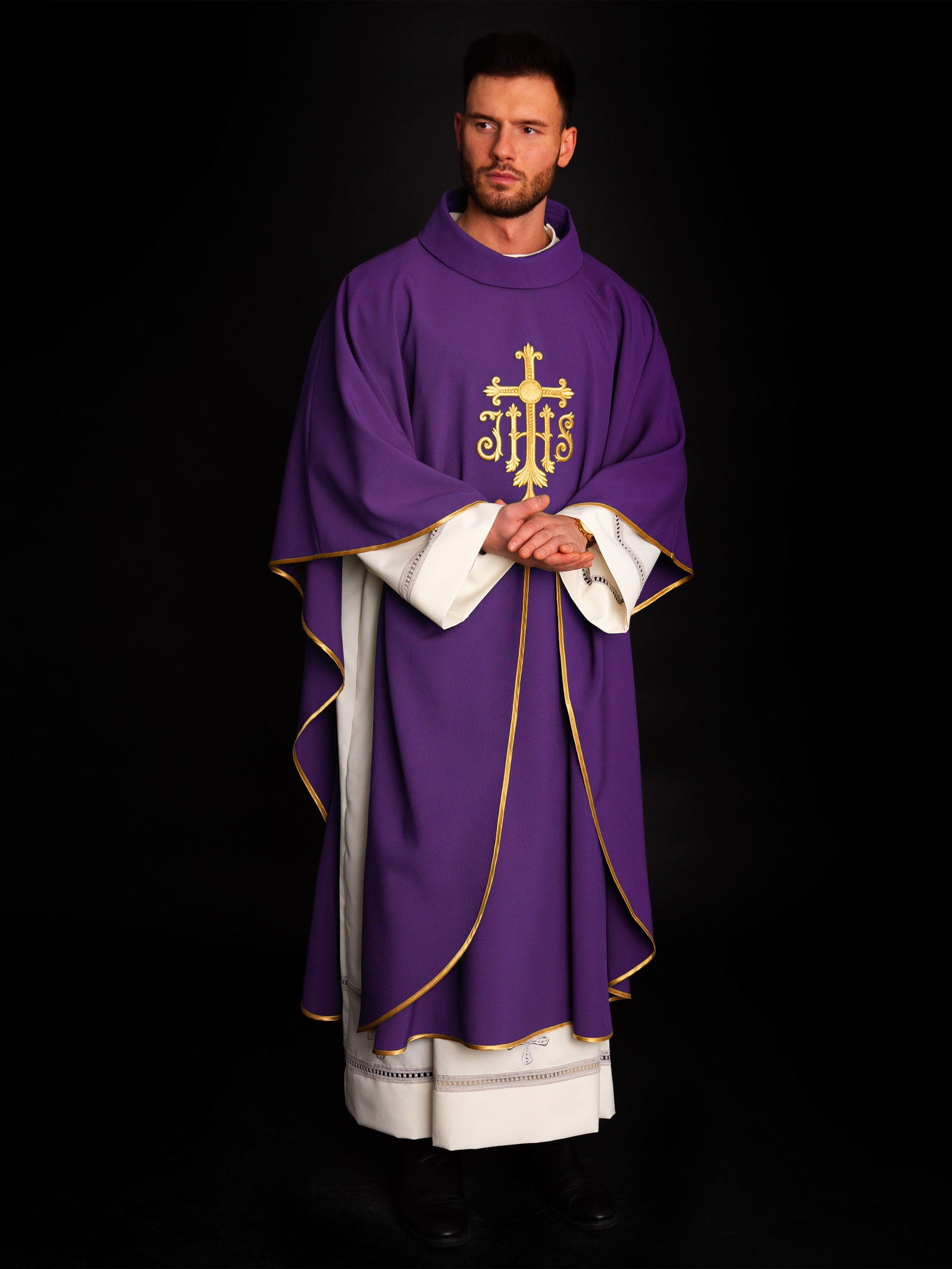 Purple embroidered chasuble with cross and JHS