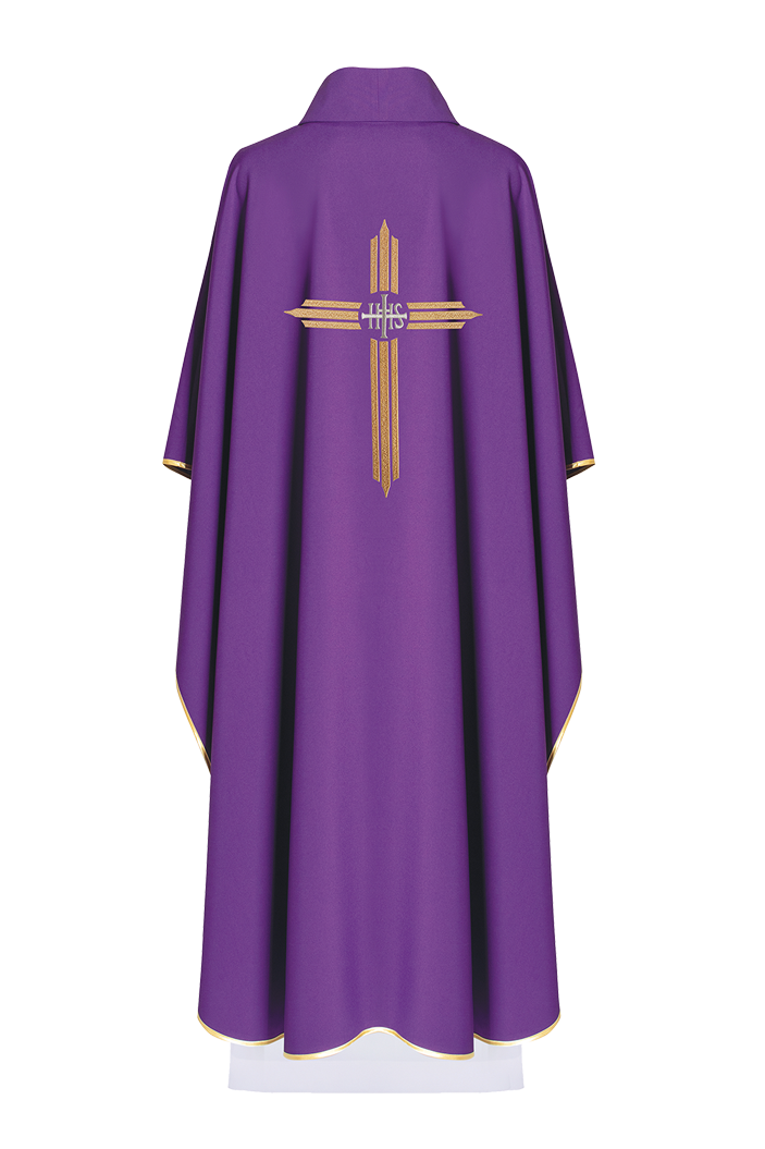 Purple embroidered chasuble with IHS Cross