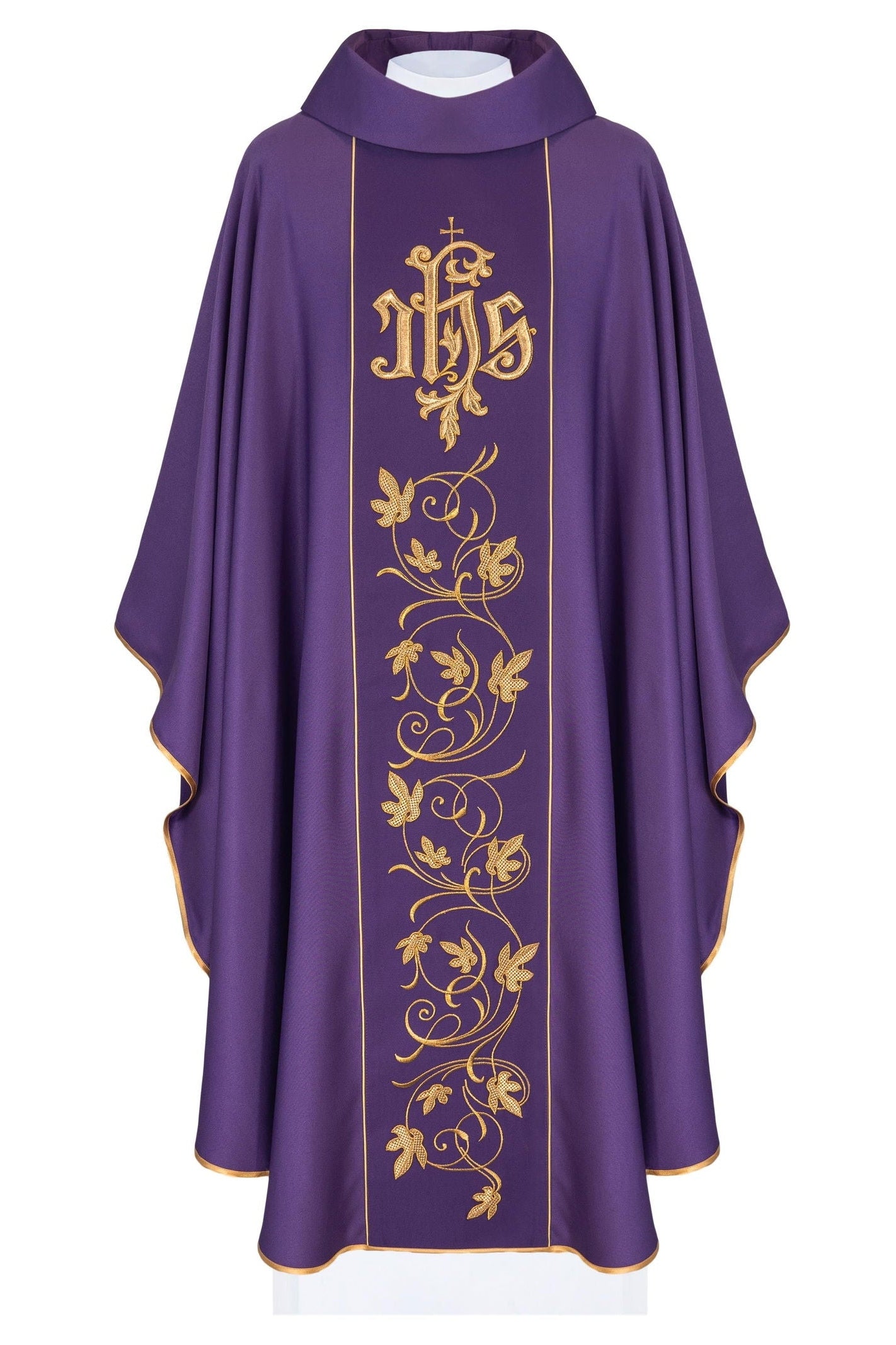 Purple liturgical chasuble with richly decorated belt with floral motif and IHS