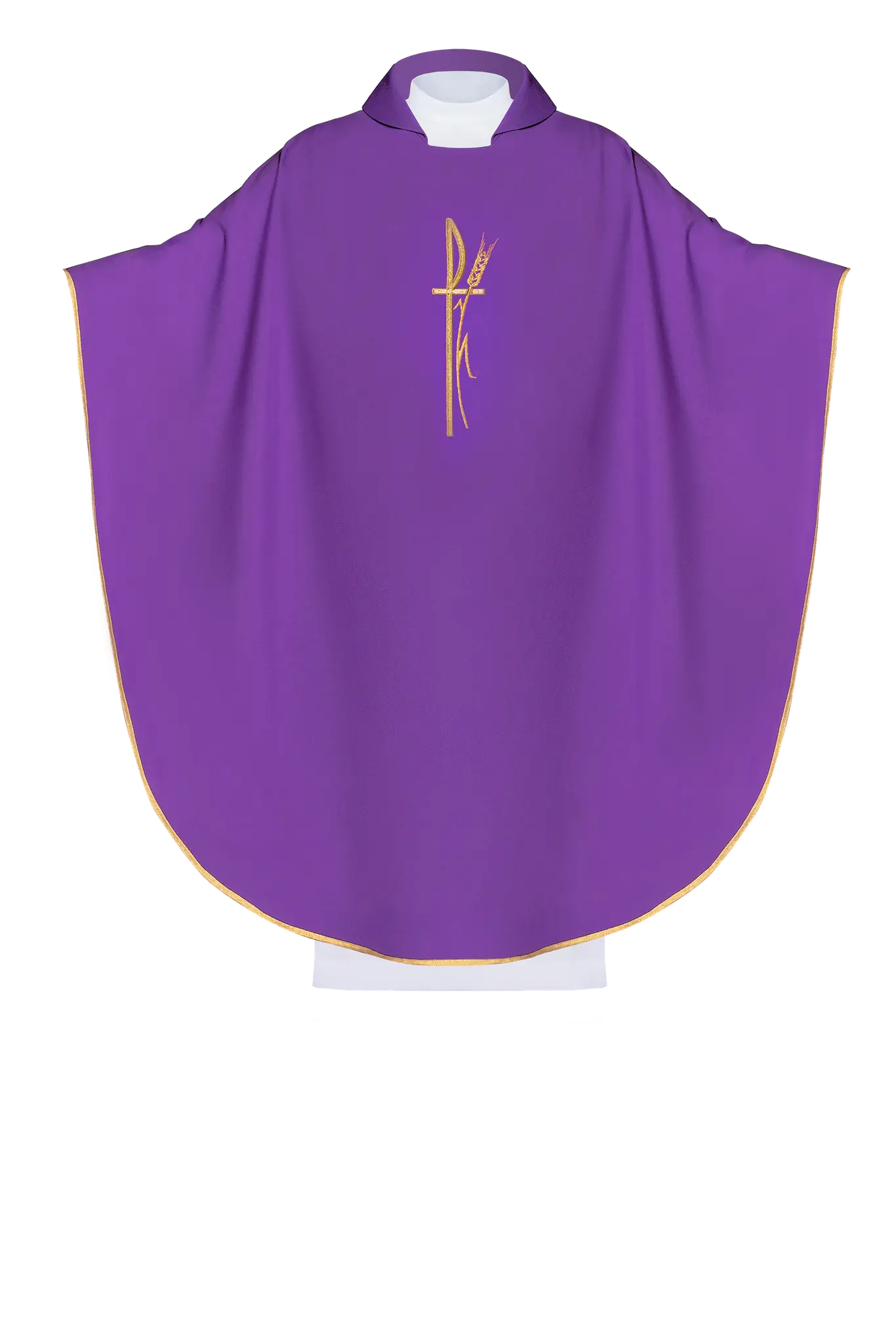 Purple liturgical chasuble with wide collar and delicately embroidered cross