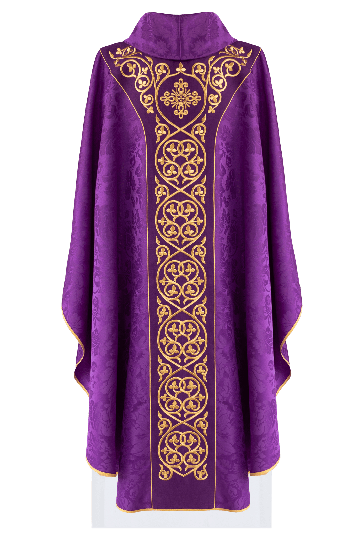 Purple liturgical chasuble decorated with embroidered velvet belt