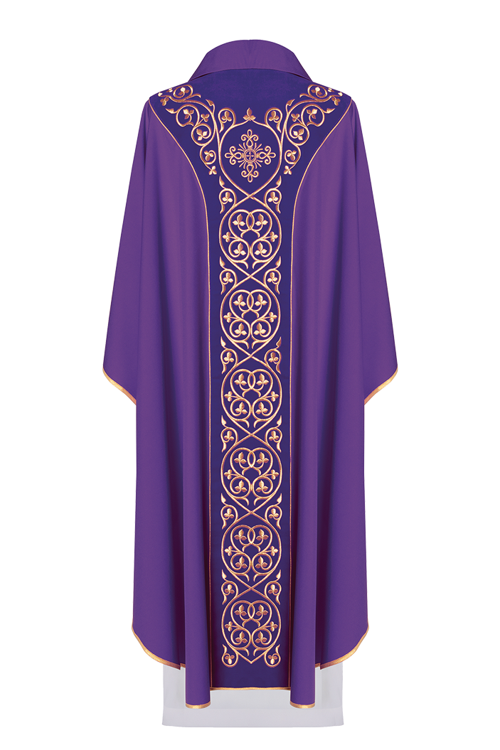 Purple liturgical chasuble decorated with embroidery on velvet