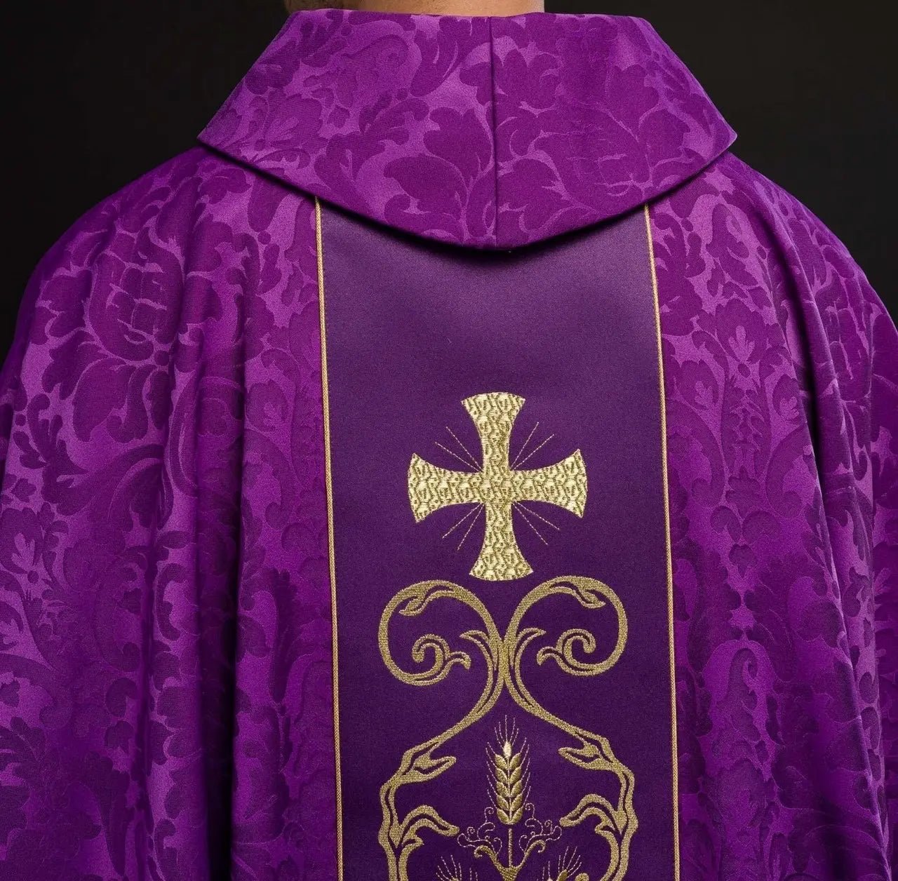 Purple liturgical chasuble decorated with embroidered belt