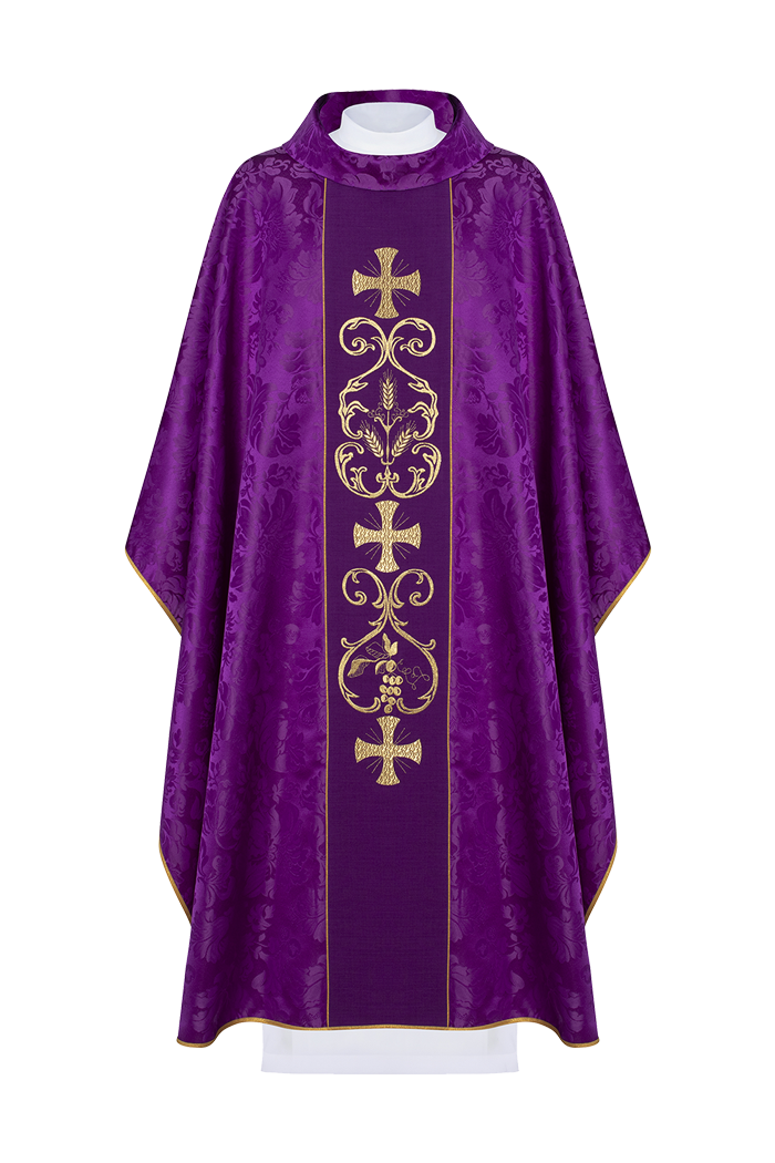 Purple liturgical chasuble decorated with embroidered belt