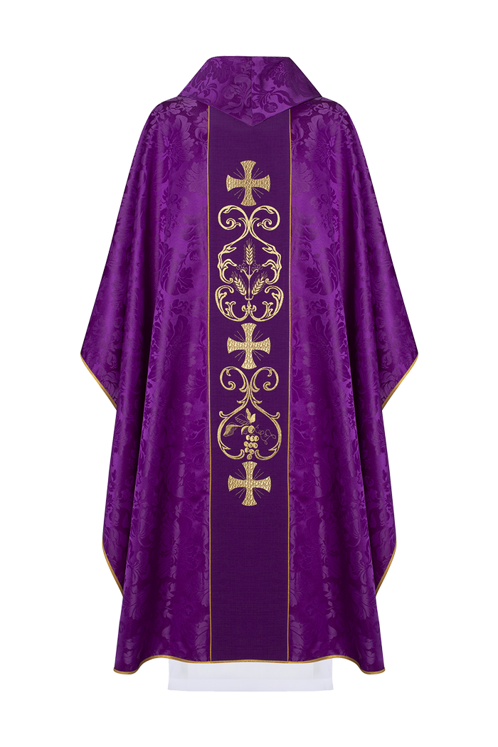 Purple liturgical chasuble decorated with embroidered belt