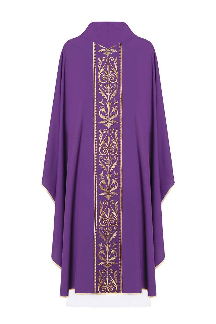 Purple liturgical chasuble decorated with gold embroidered belt