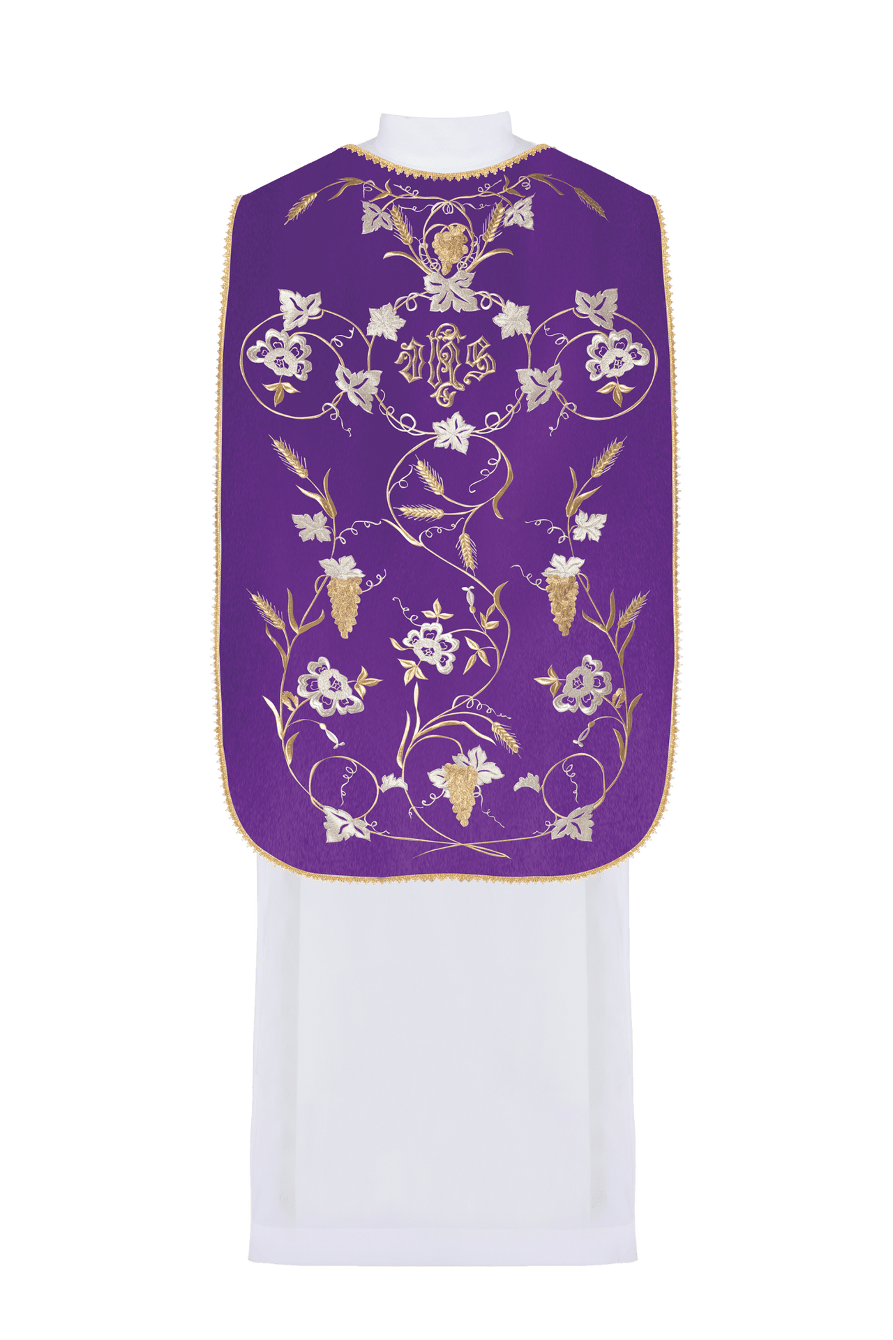 Fioletowy ornat rzymski z motywem IHS, kłosów i winogron