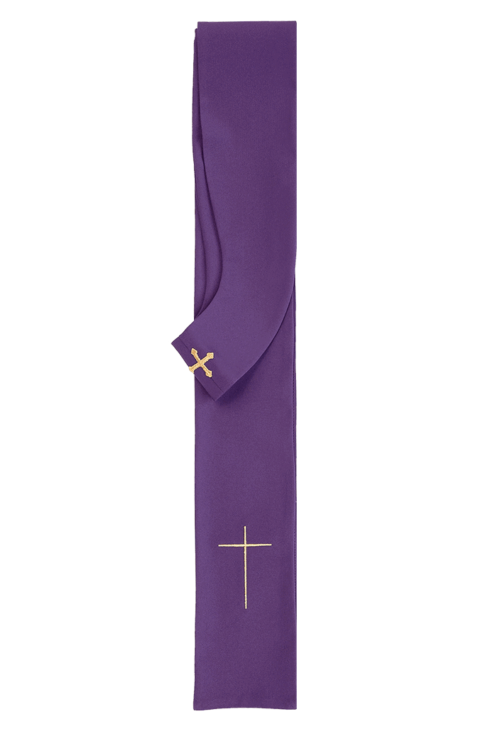 Purple chasuble with richly decorated wide belt with eucharistic chalice motif