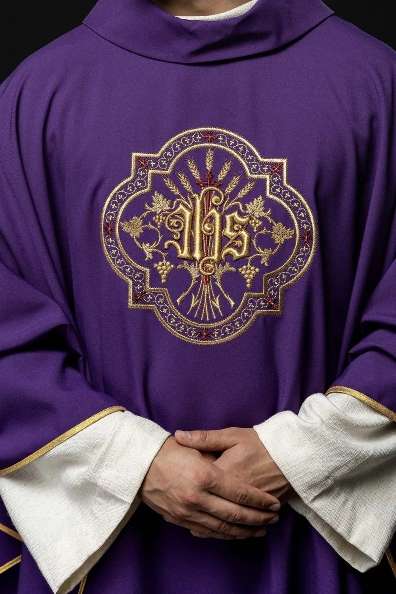 Purple chasuble with IHS and PAX embroidery