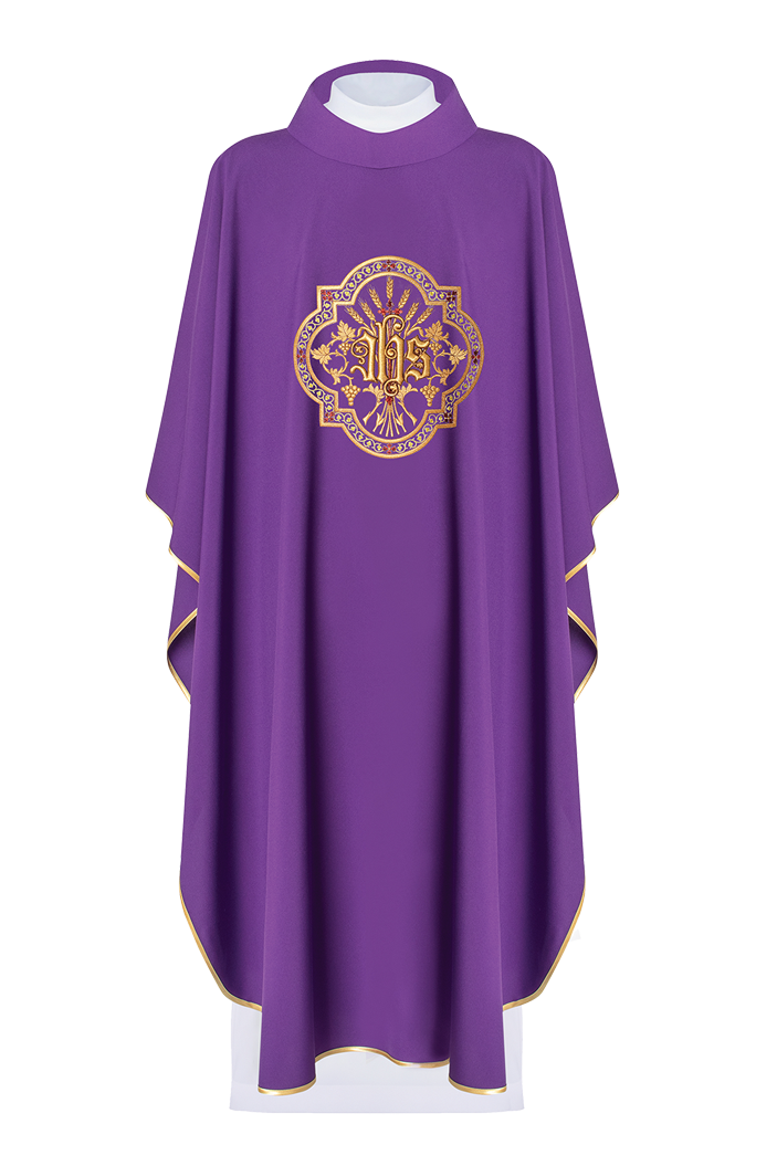 Purple chasuble with IHS and PAX embroidery