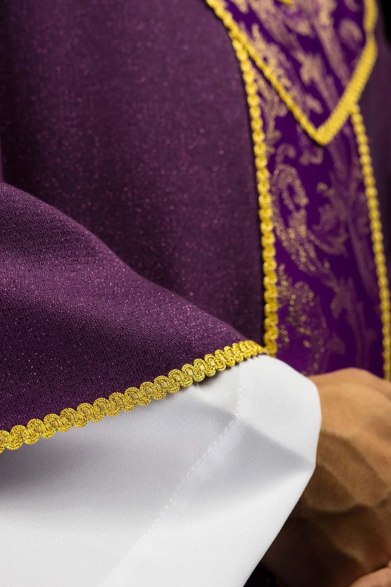 Purple chasuble with gold cross and jacquard fabric