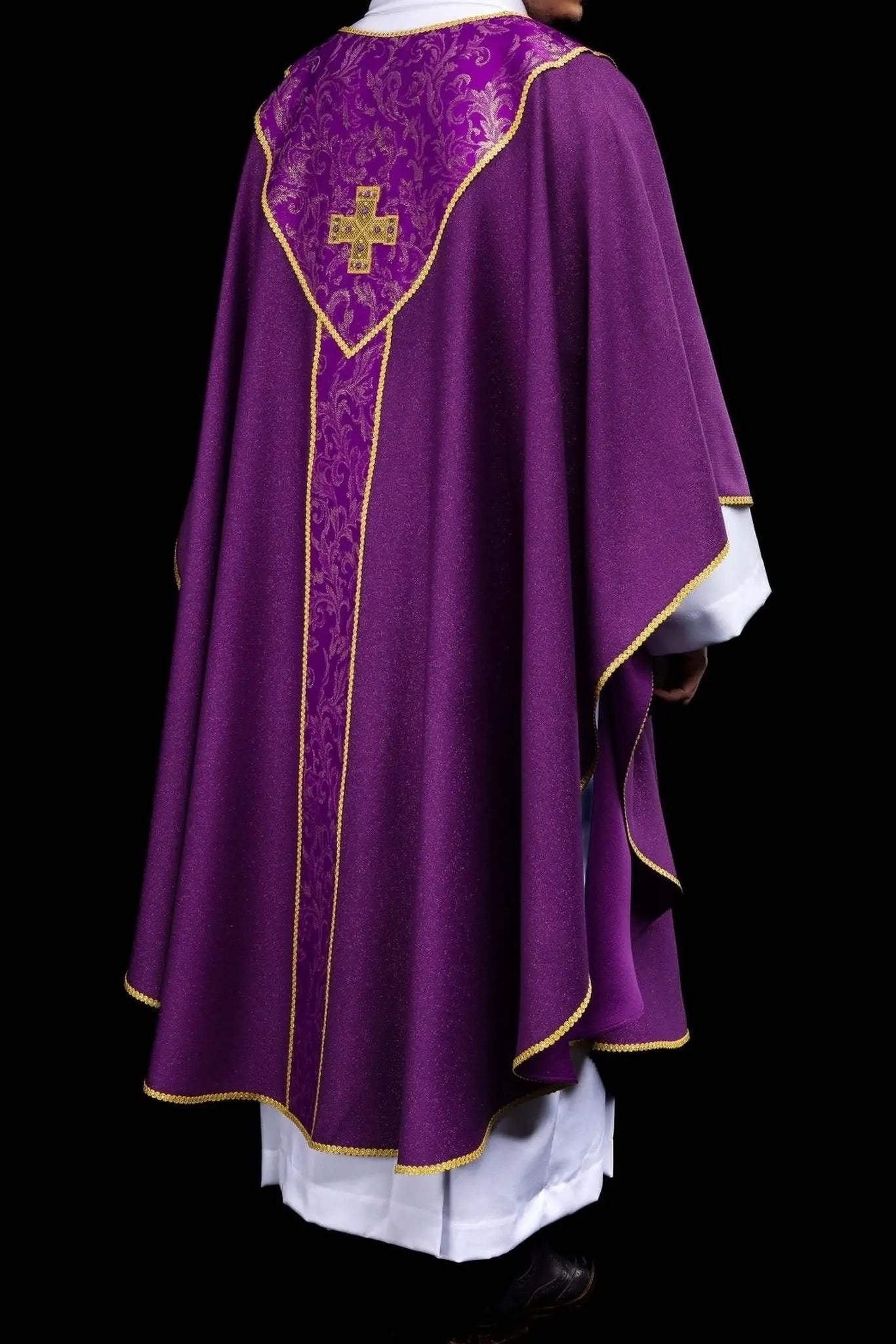 Purple chasuble with gold cross and jacquard fabric