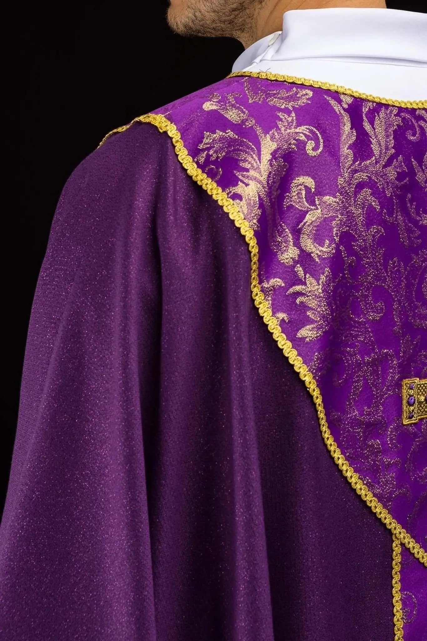 Purple chasuble with gold cross and jacquard fabric