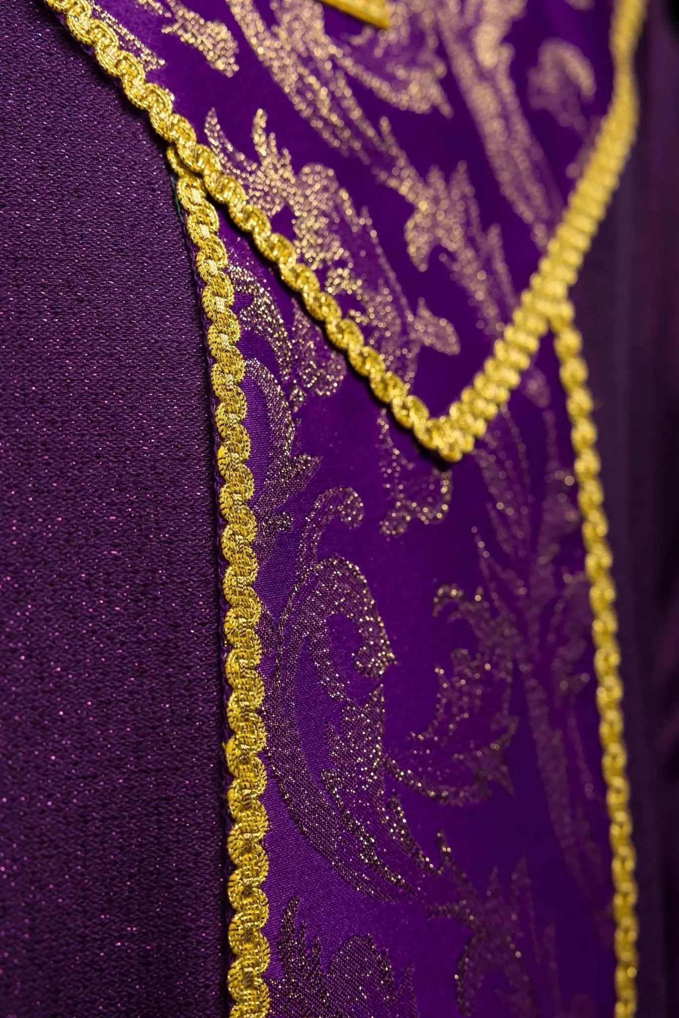 Purple chasuble with gold cross and jacquard fabric