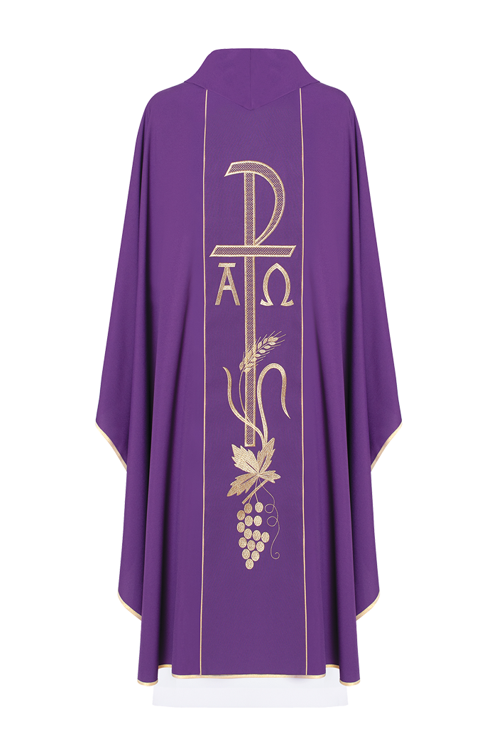 Purple chasuble with wide embroidered gold Alpha and Omega belt