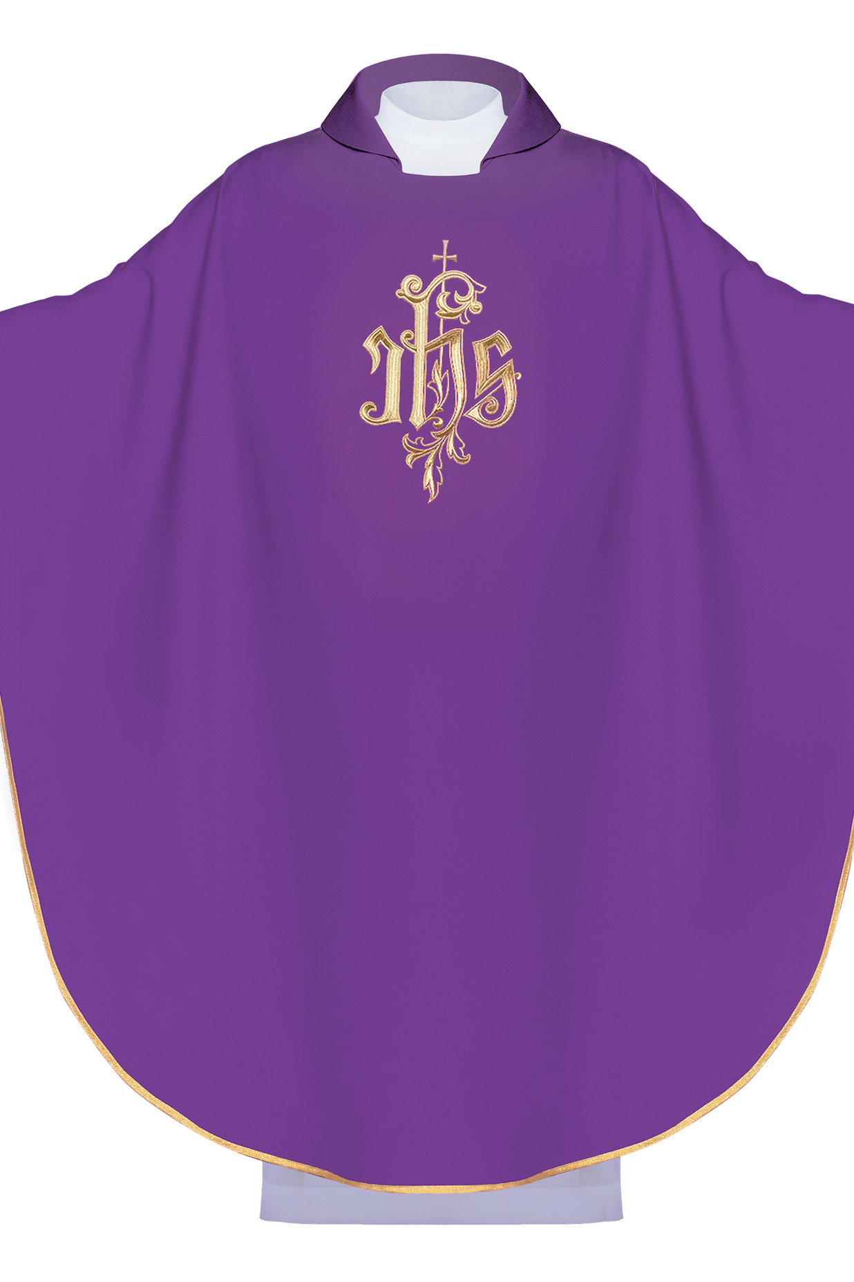 Purple chasuble with wide collar and gold IHS embroidery