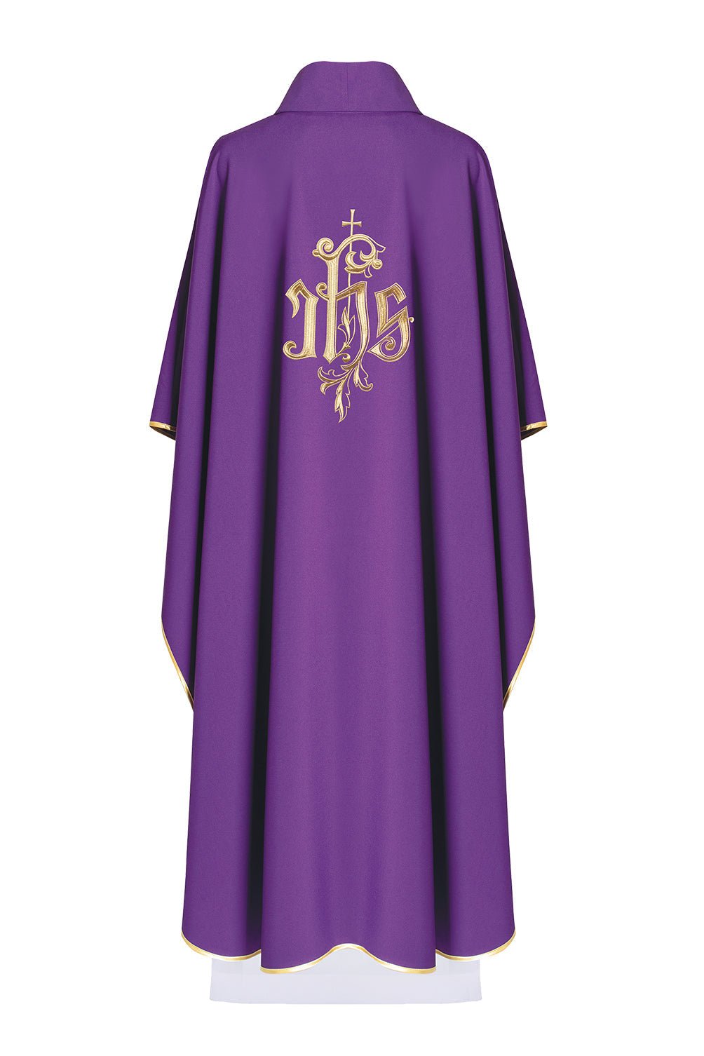 Purple chasuble with wide collar and gold IHS embroidery