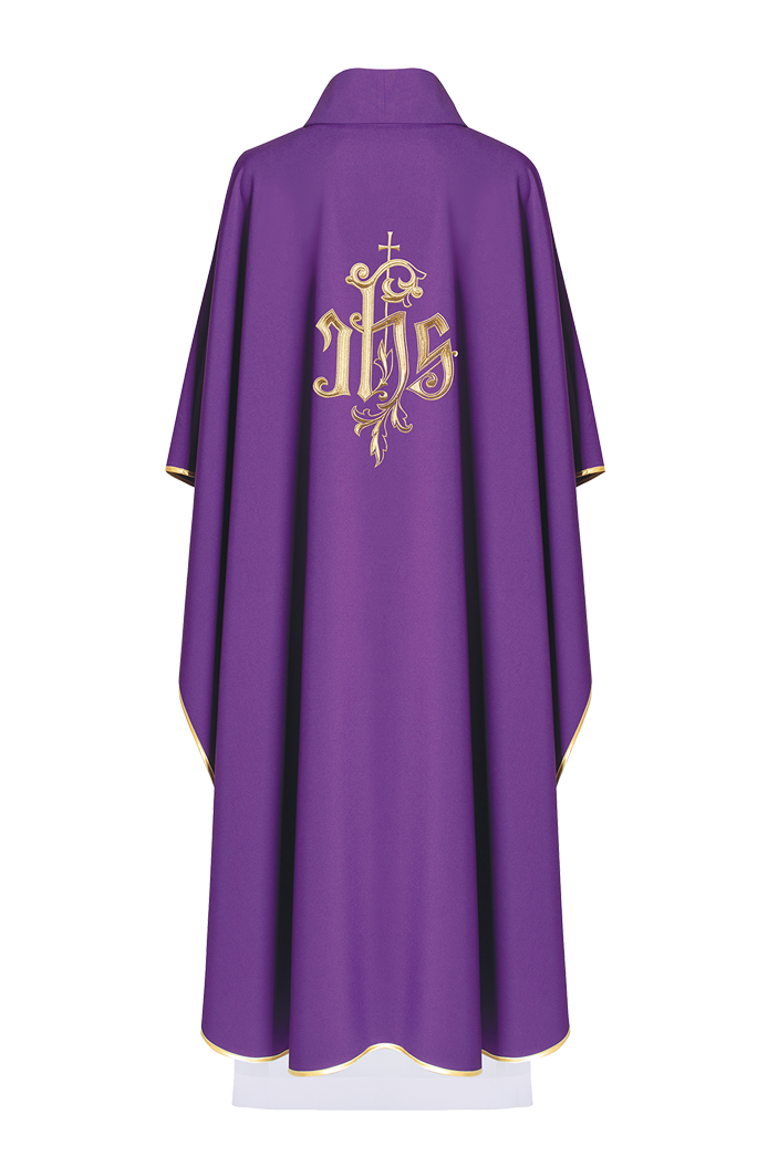 Purple chasuble with gold IHS embroidery