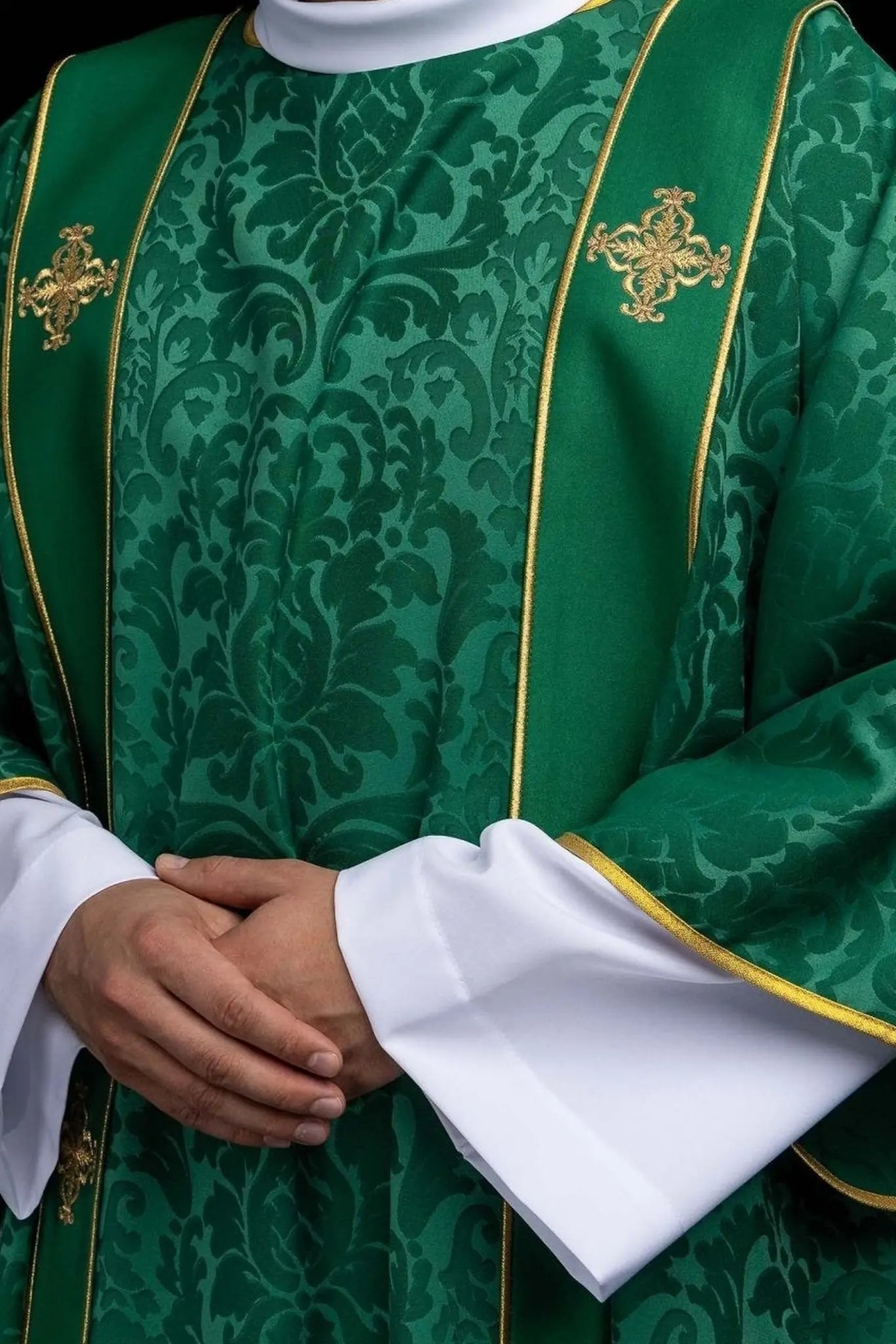 Green Jacquard Dalmatic with Gold Cross Embroidery - HAFTINA ATELIER