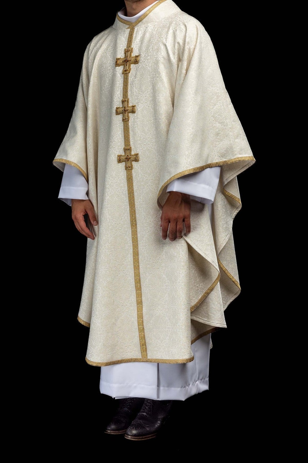 Ecru Chasuble with Dimensional Crosses and Natural Stones, front view