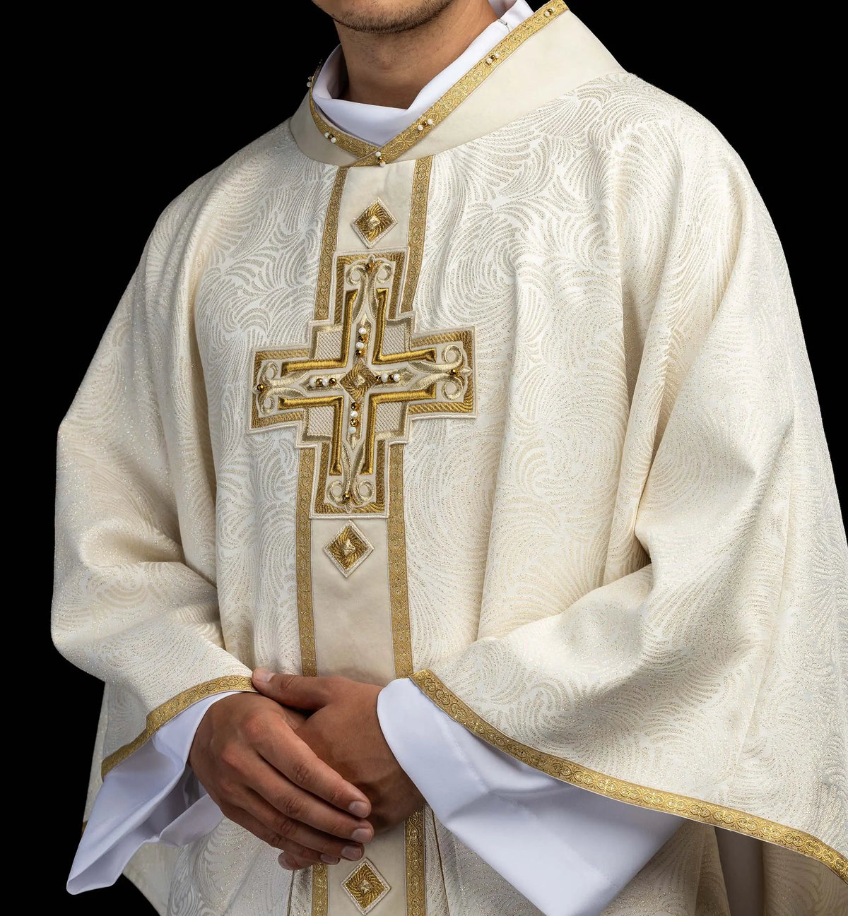 Ecru handmade chasuble for Easter with embroidered cross, front close-up