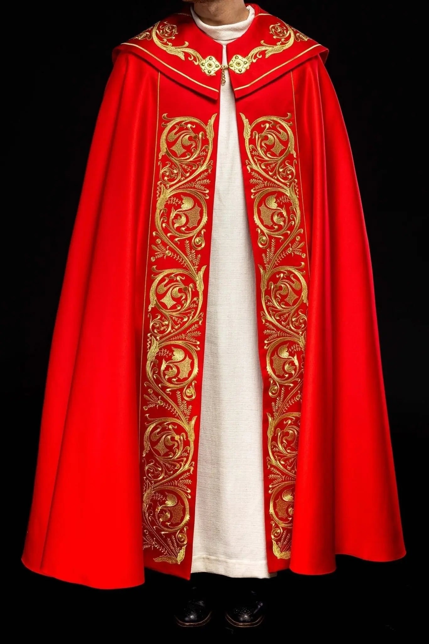 Liturgical cape richly embroidered IHS in red