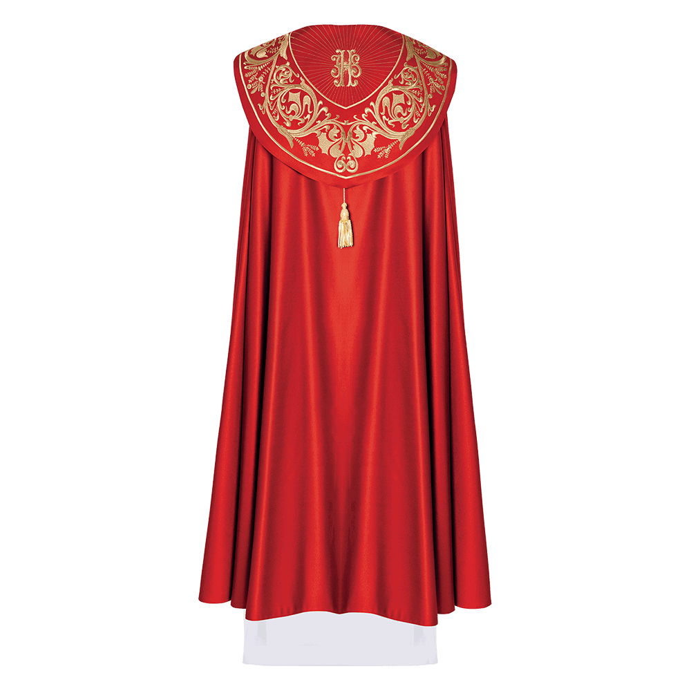 Liturgical cape richly embroidered IHS in red