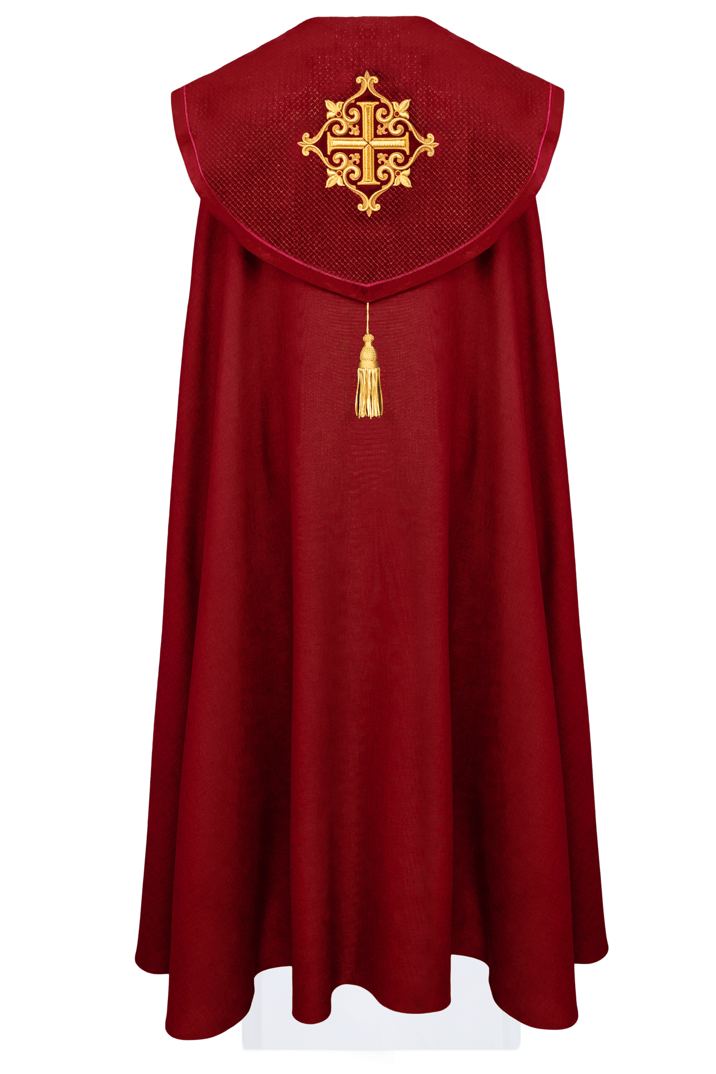 Liturgical cape with red velvet belt and embroidery of crosses