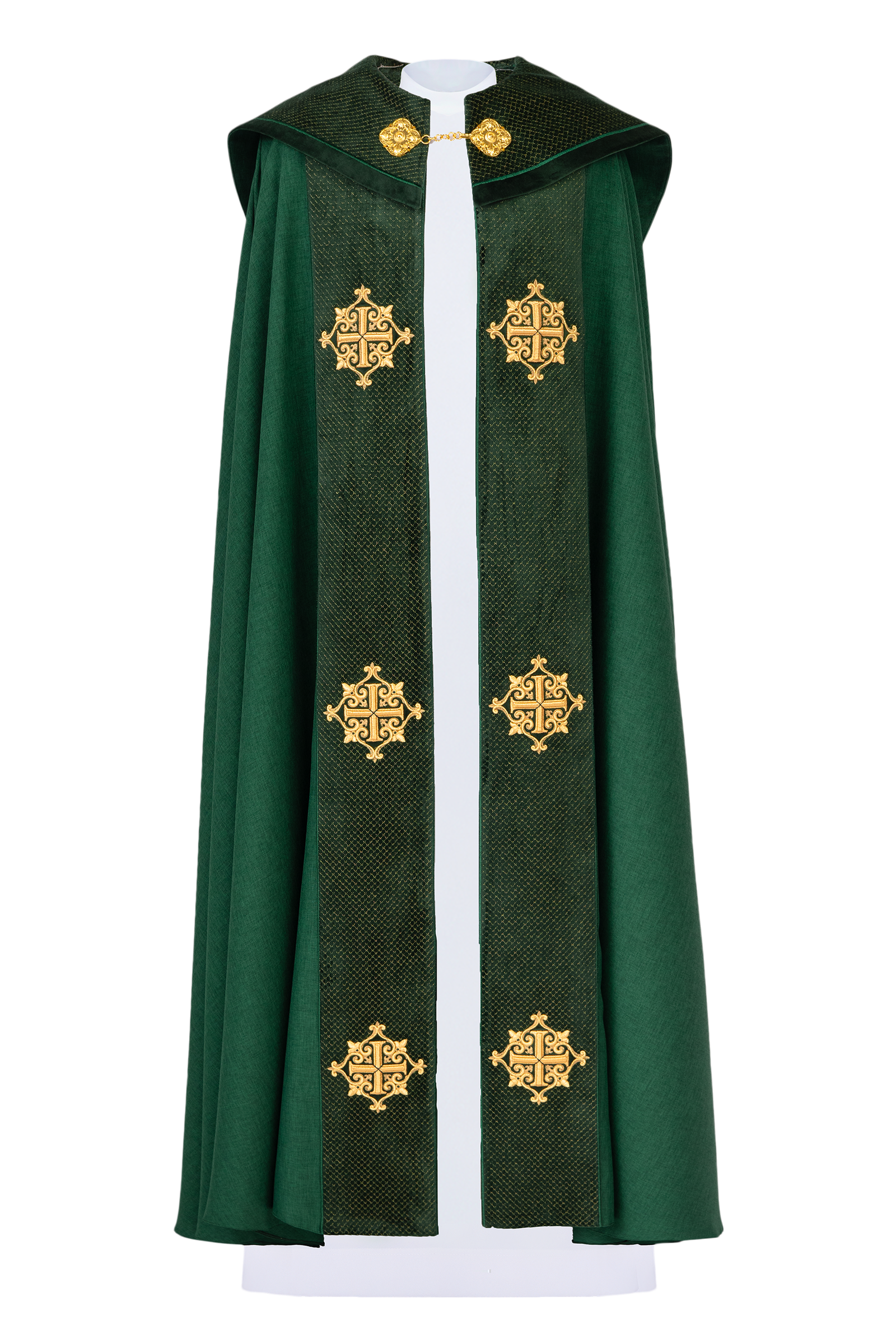 Liturgical cape with green velvet belt and embroidery of crosses