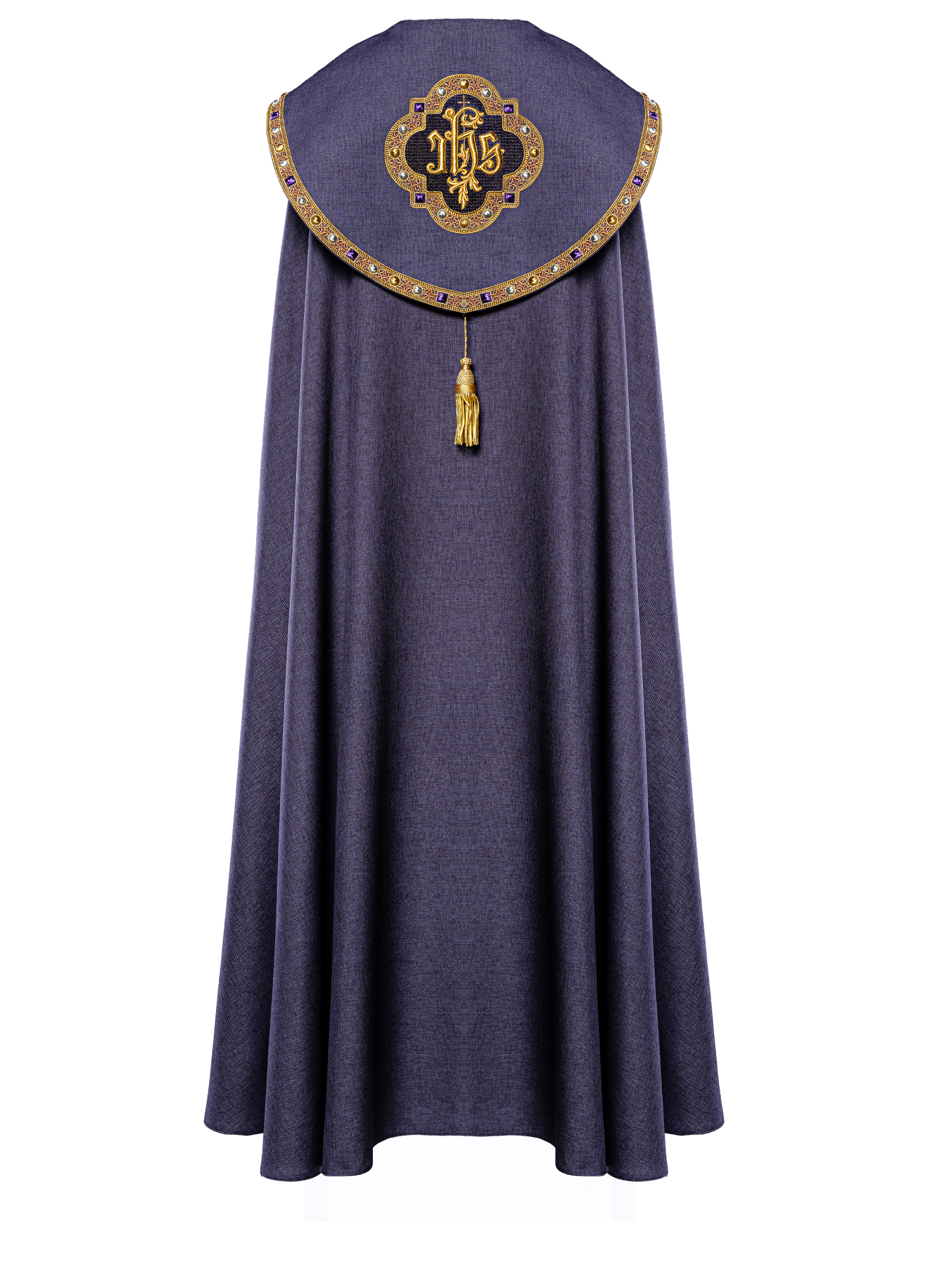 Purple liturgical cape with gold IHS