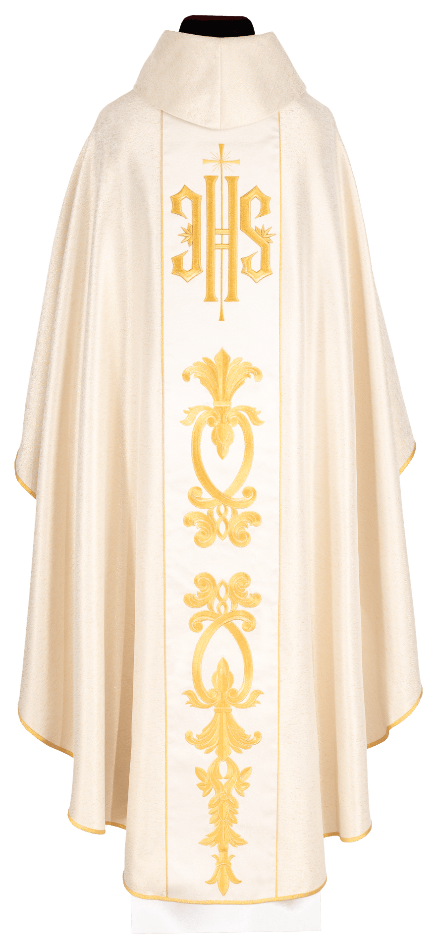White chasuble with gold IHS embroidery, back view