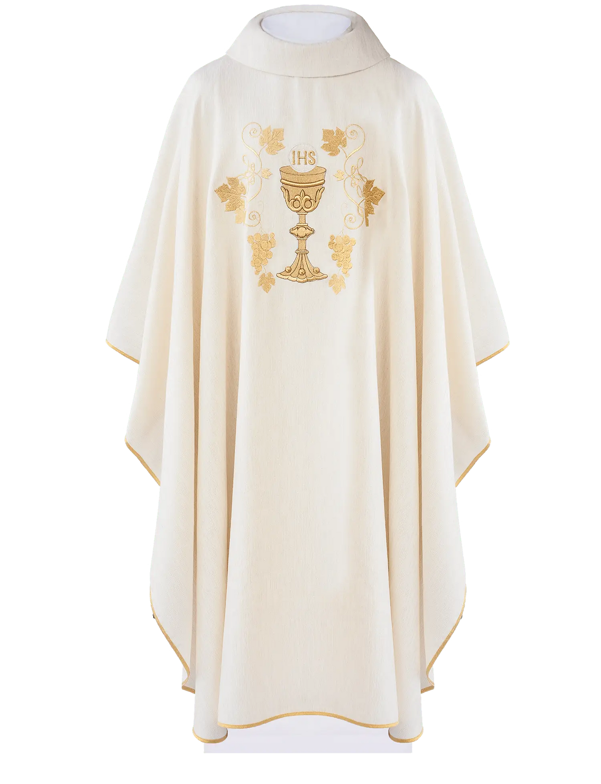 Ecru embroidered chasuble with chalice and vine, front view
