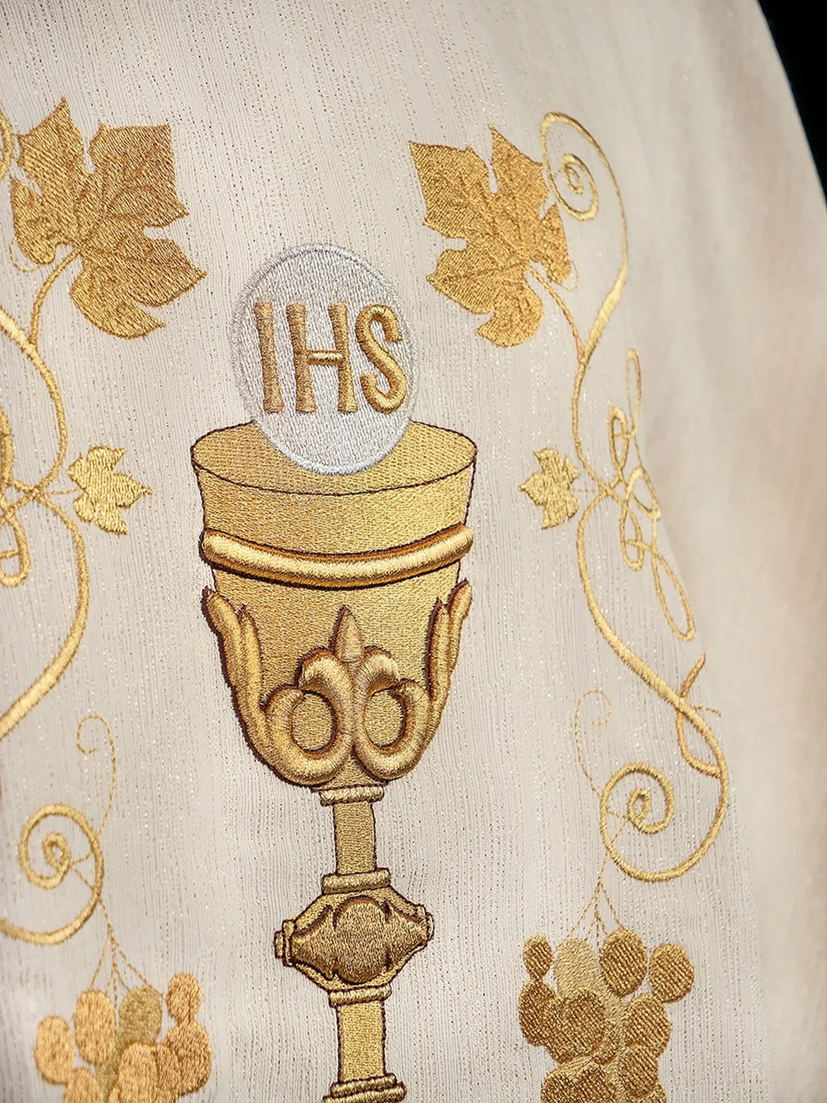 Ecru chasuble with chalice and vine embroidery, chalice detail