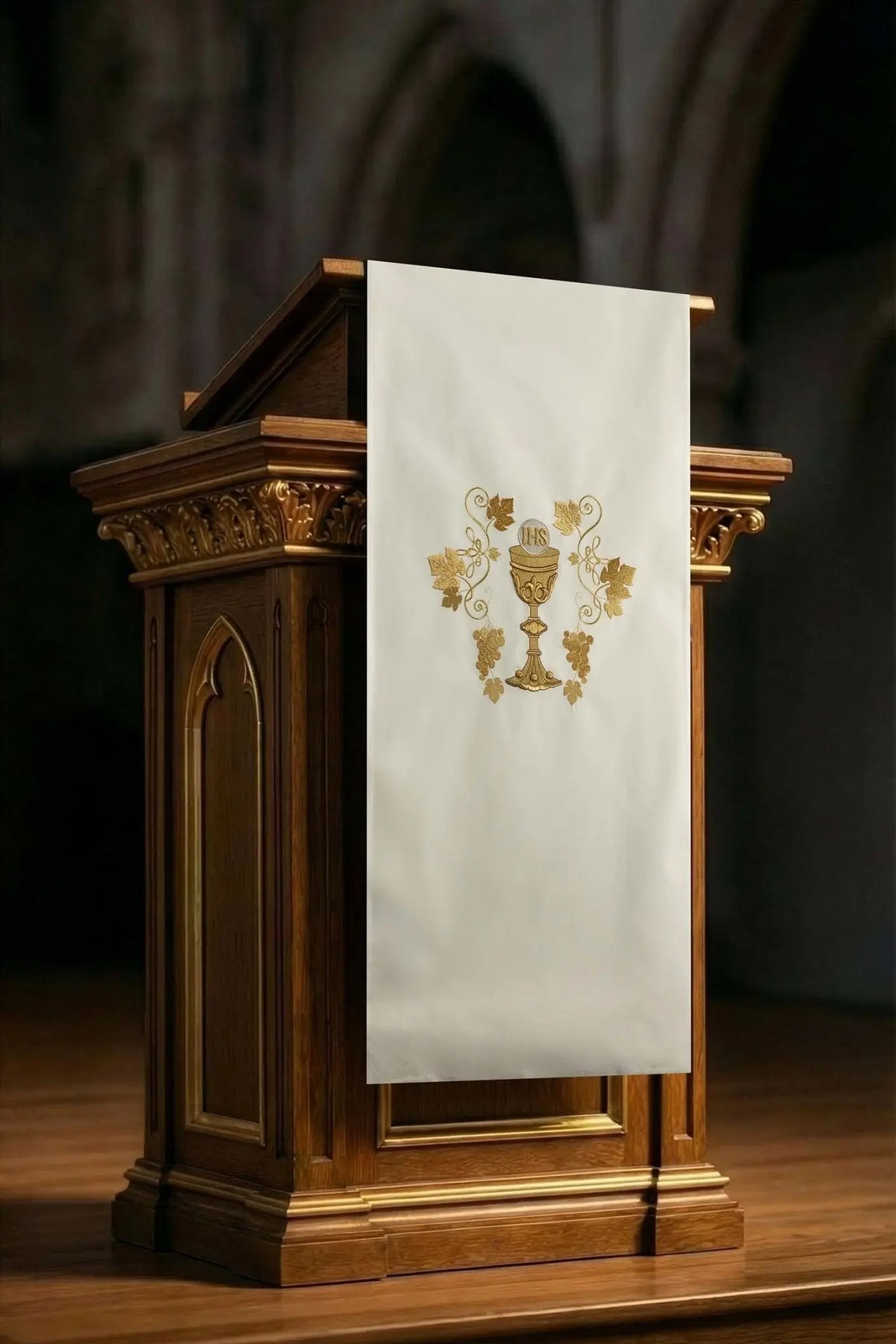 Ecru Church Lectern Cover for Christmas and Easter with gold chalice and grapevine embroidery, front view