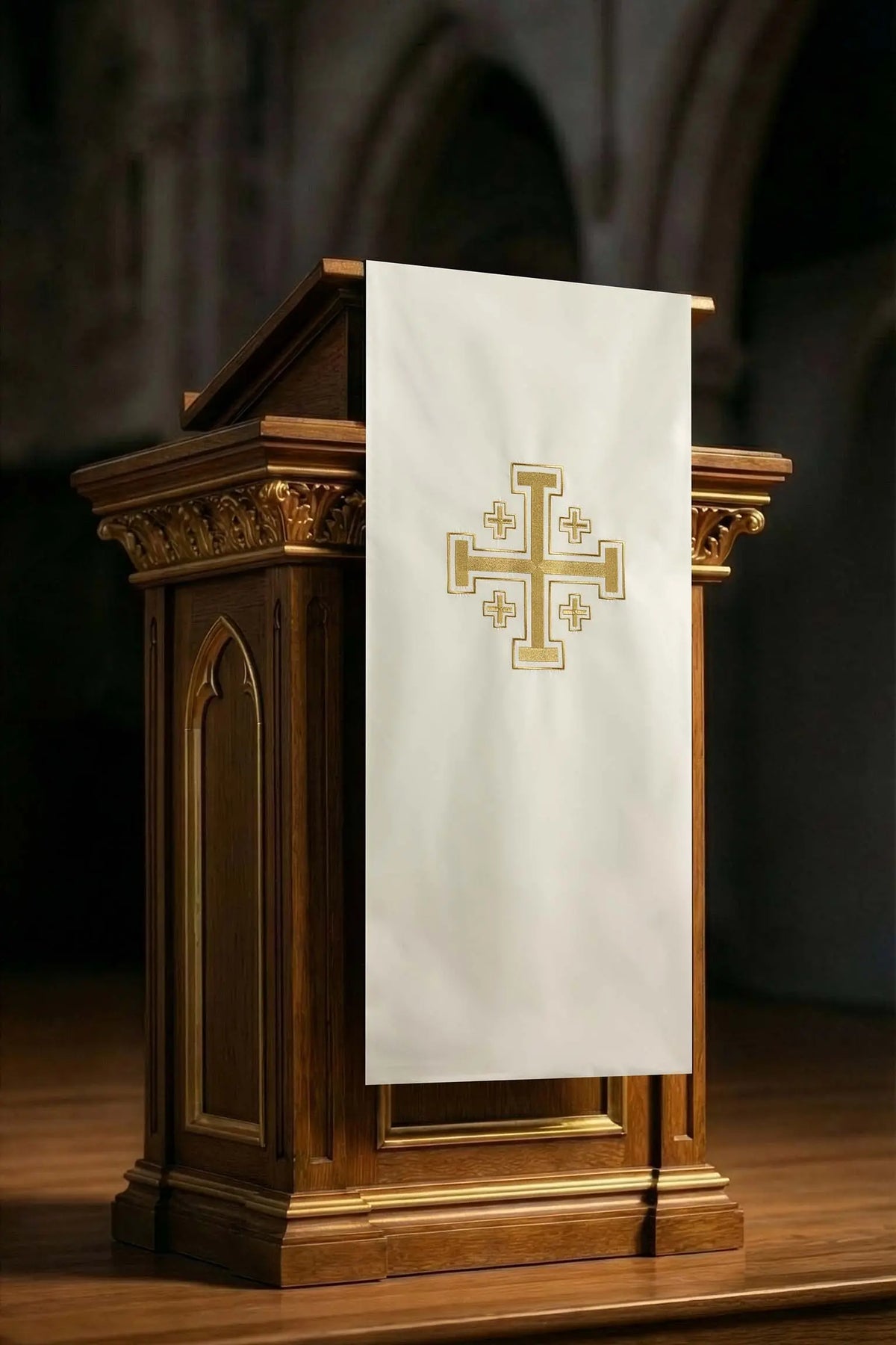 Ecru Church Lectern Cover for Christmas and Easter with gold Jerusalem cross, front view