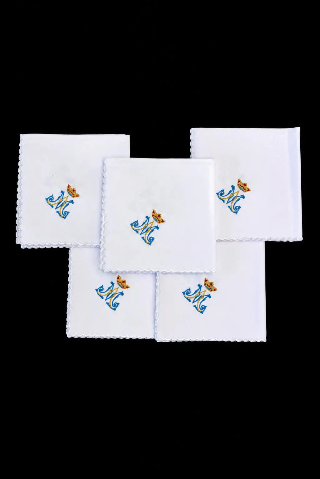 White Corporal Set of 5 for Marian Feasts with crowned Marian monogram, full set view