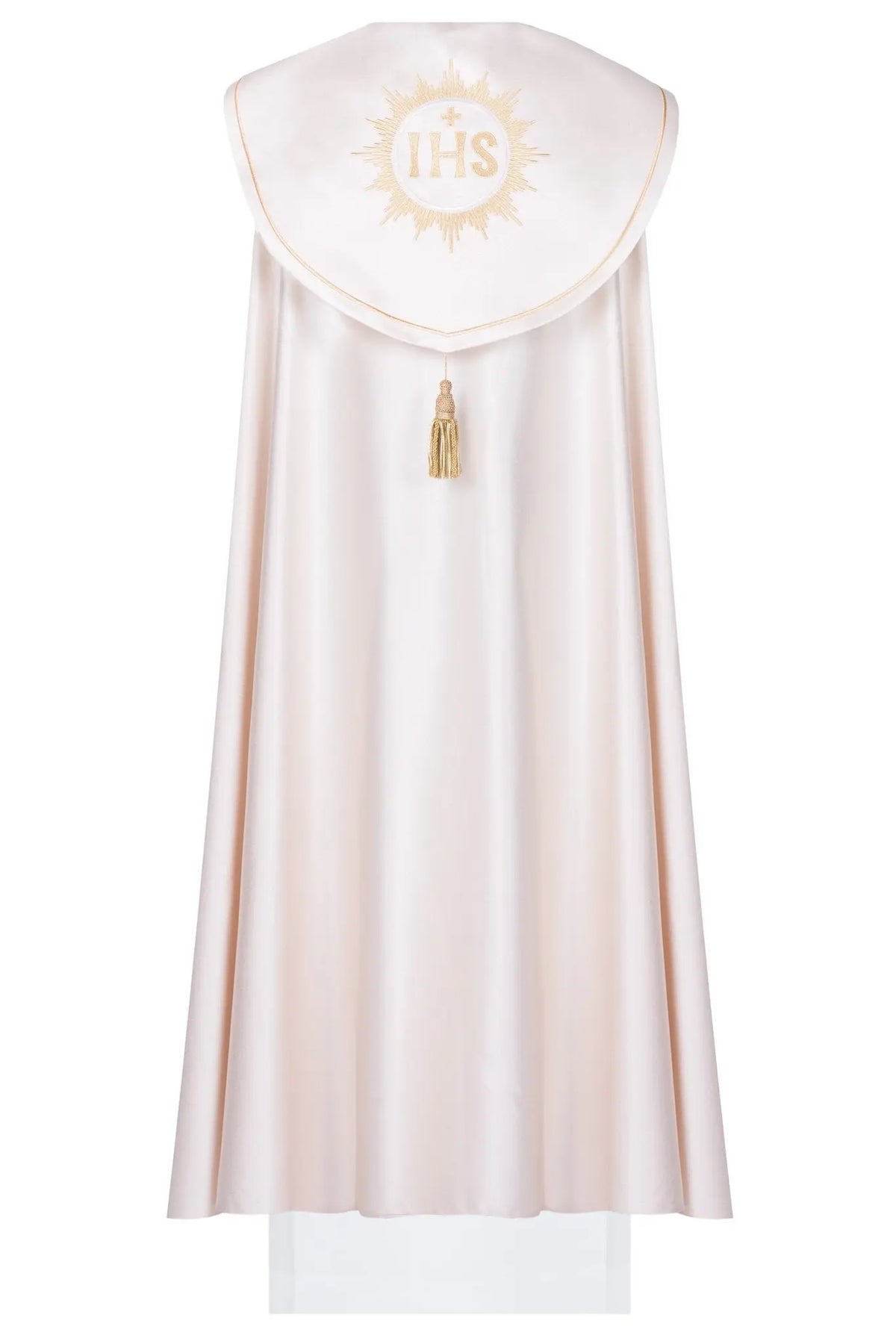 Ecru Eucharistic cope with IHS embroidery, back view