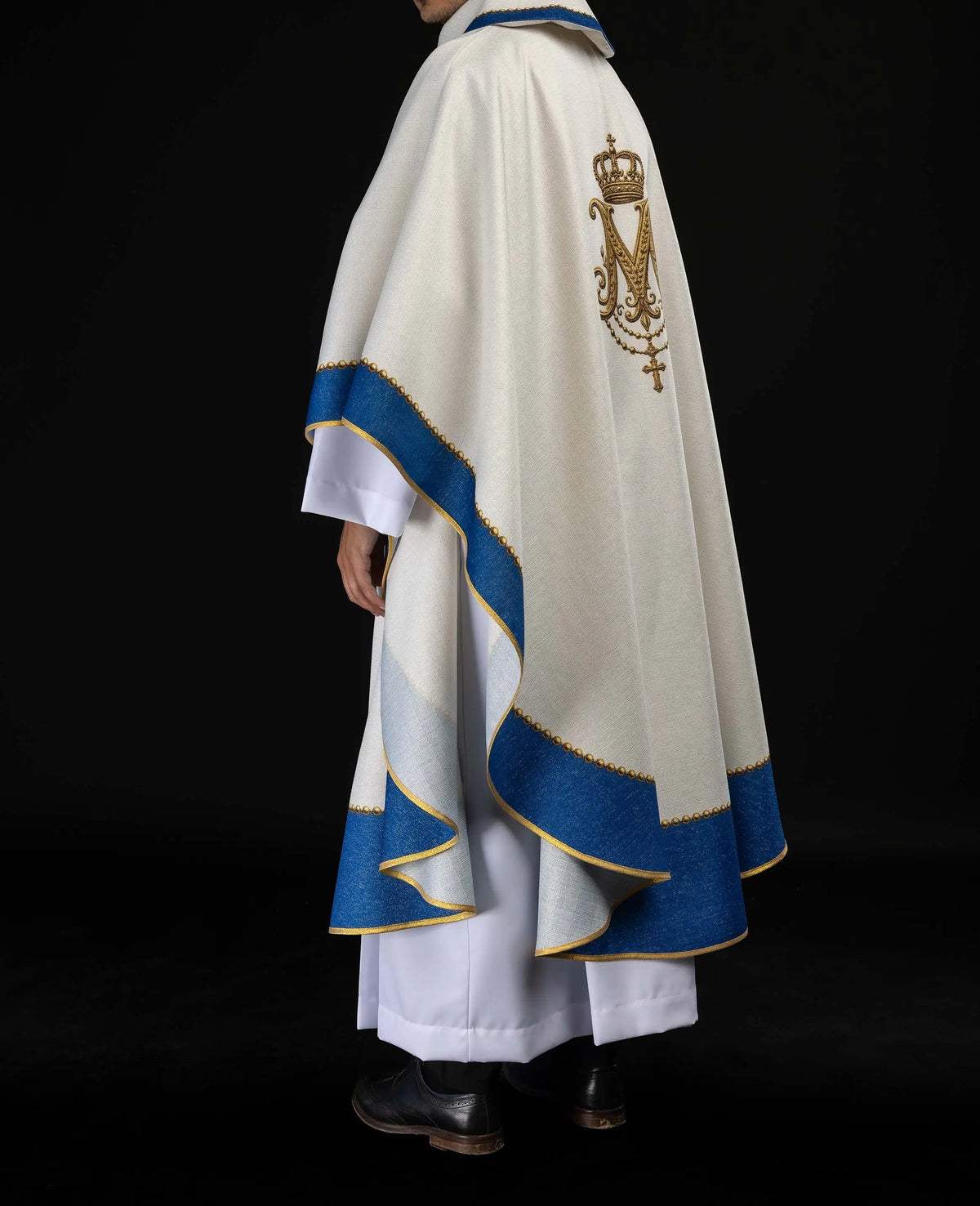 White chasuble with crowned Marian monogram, back view