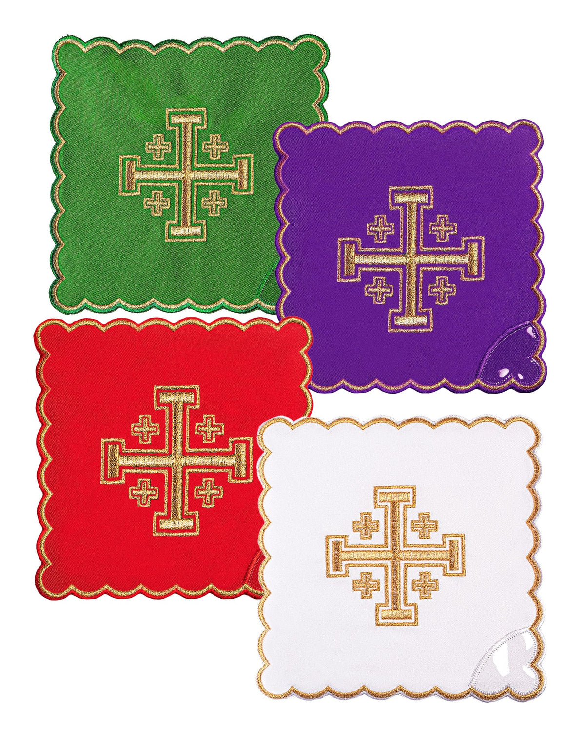 Set of Chalice Palls with Embroidered Jerusalem Cross in Four Liturgical Colors