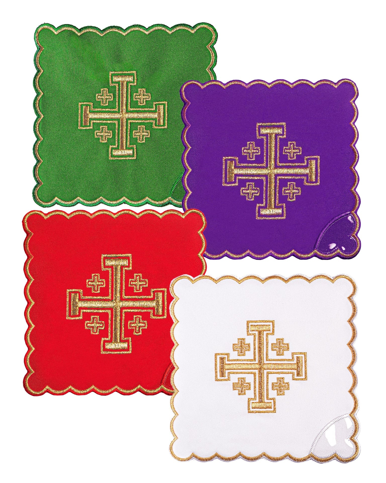 Set of Chalice Palls with Embroidered Jerusalem Cross in Four Liturgical Colors