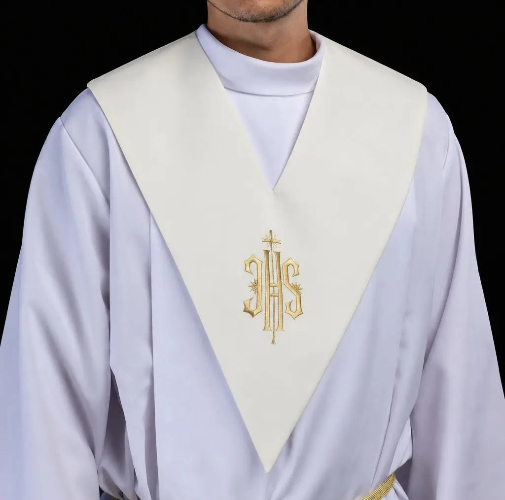 Ecru lector's scapular with IHS Christogram embroidery, worn front view