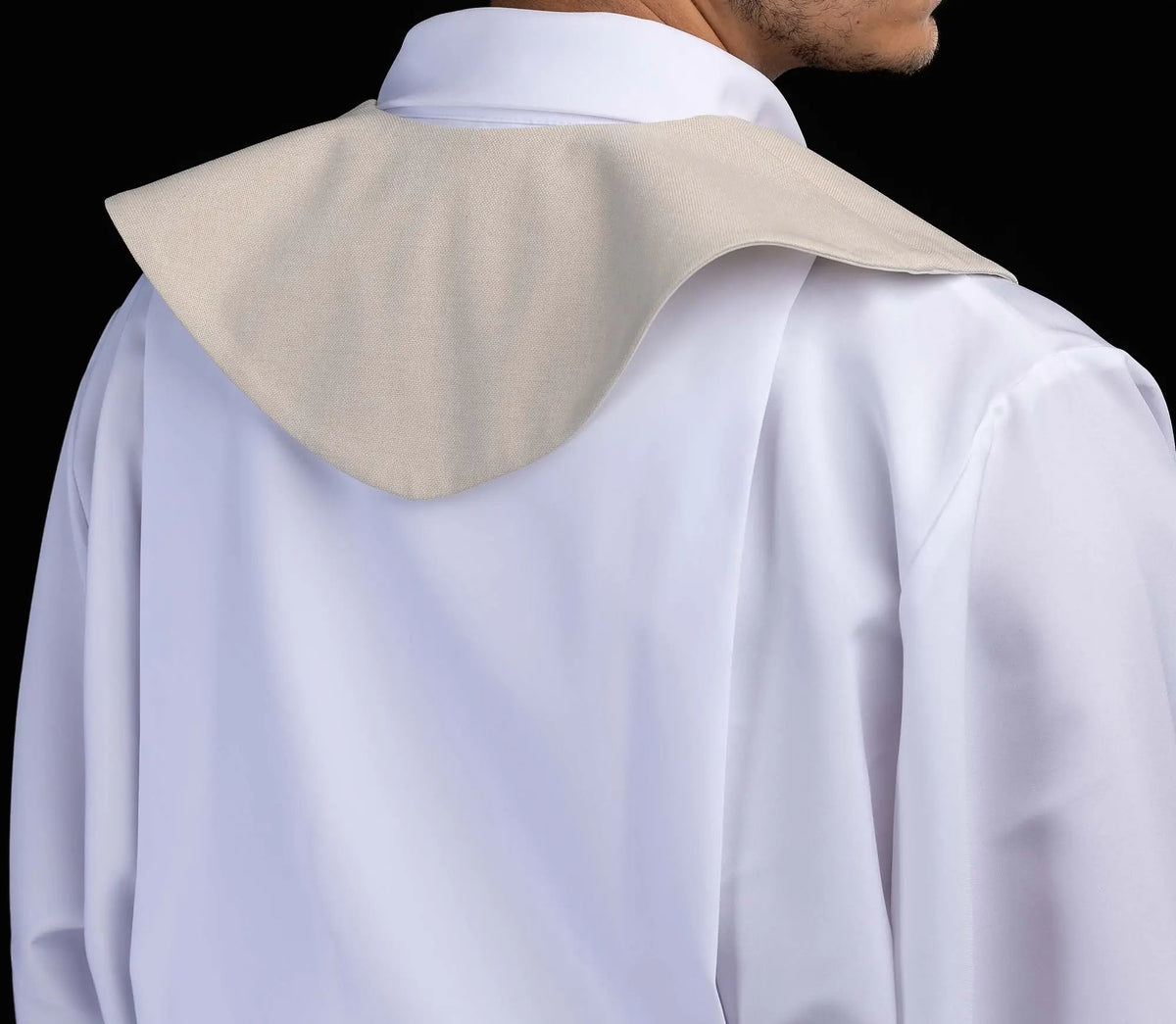 Ecru lector's scapular with Marian motif, rear worn view