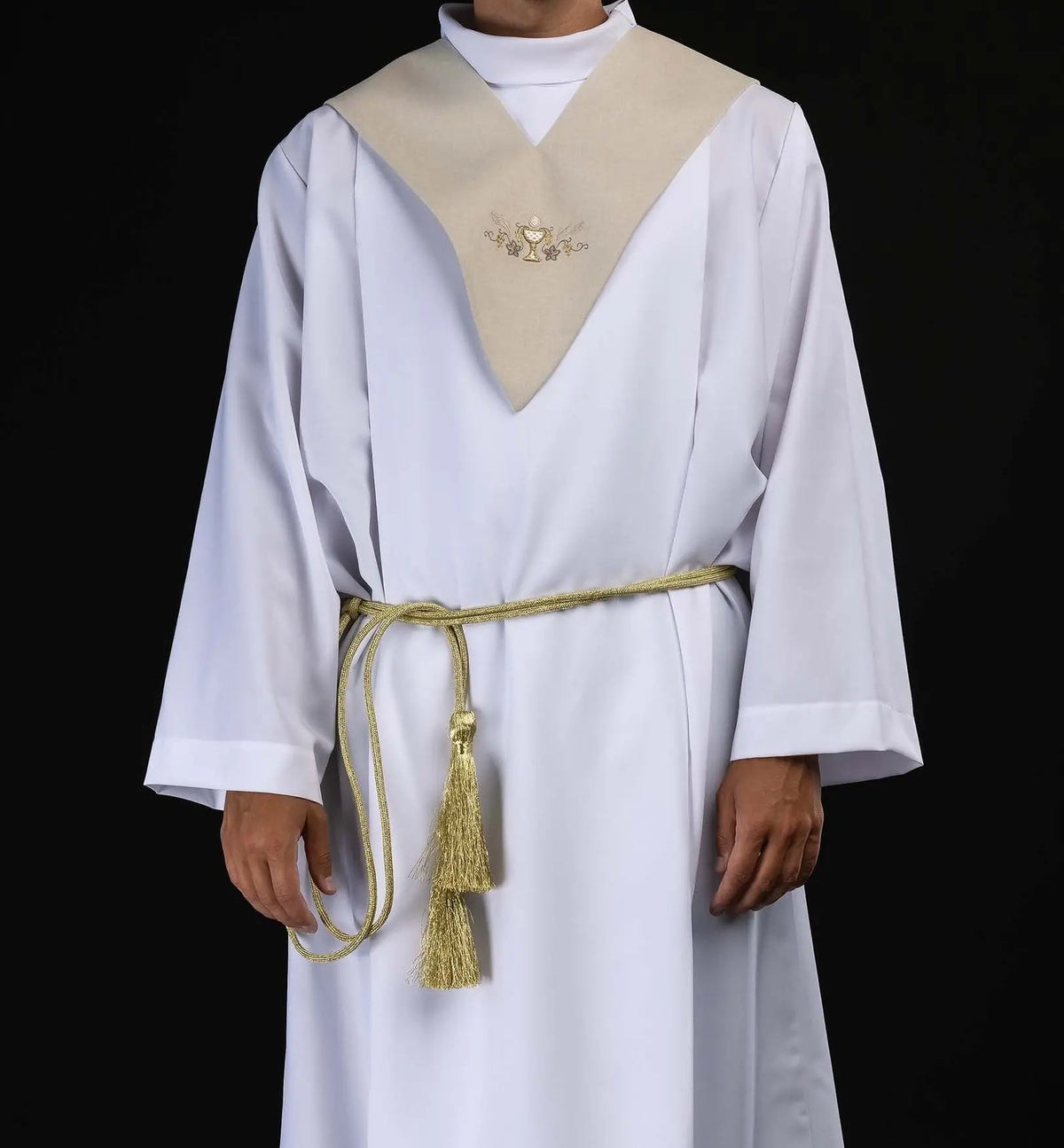 Ecru lector's scapular with Communion chalice embroidery, full front view
