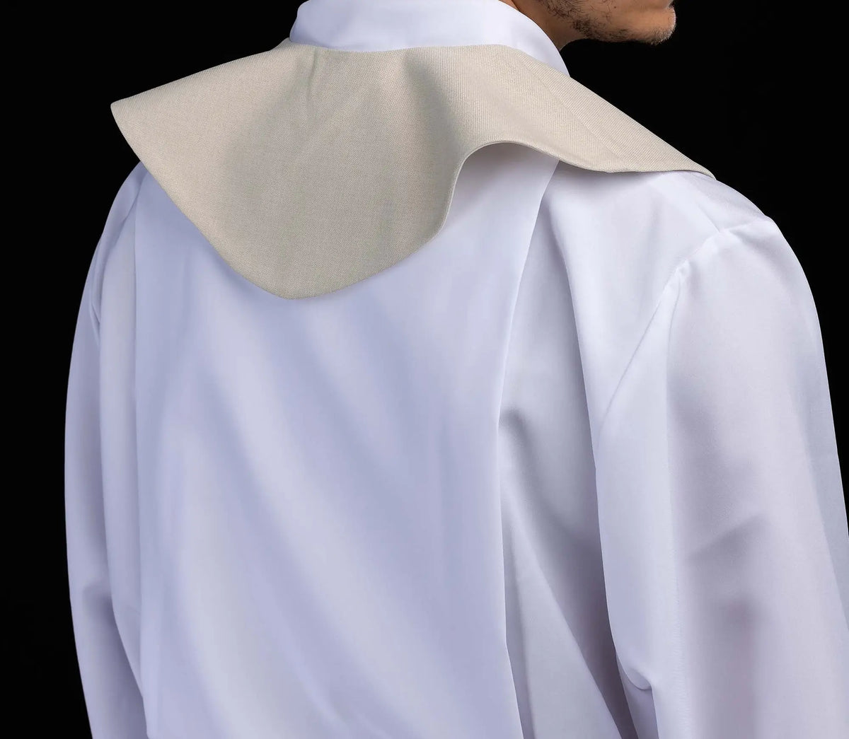 Ecru lector's scapular with Communion chalice embroidery, reverse close-up