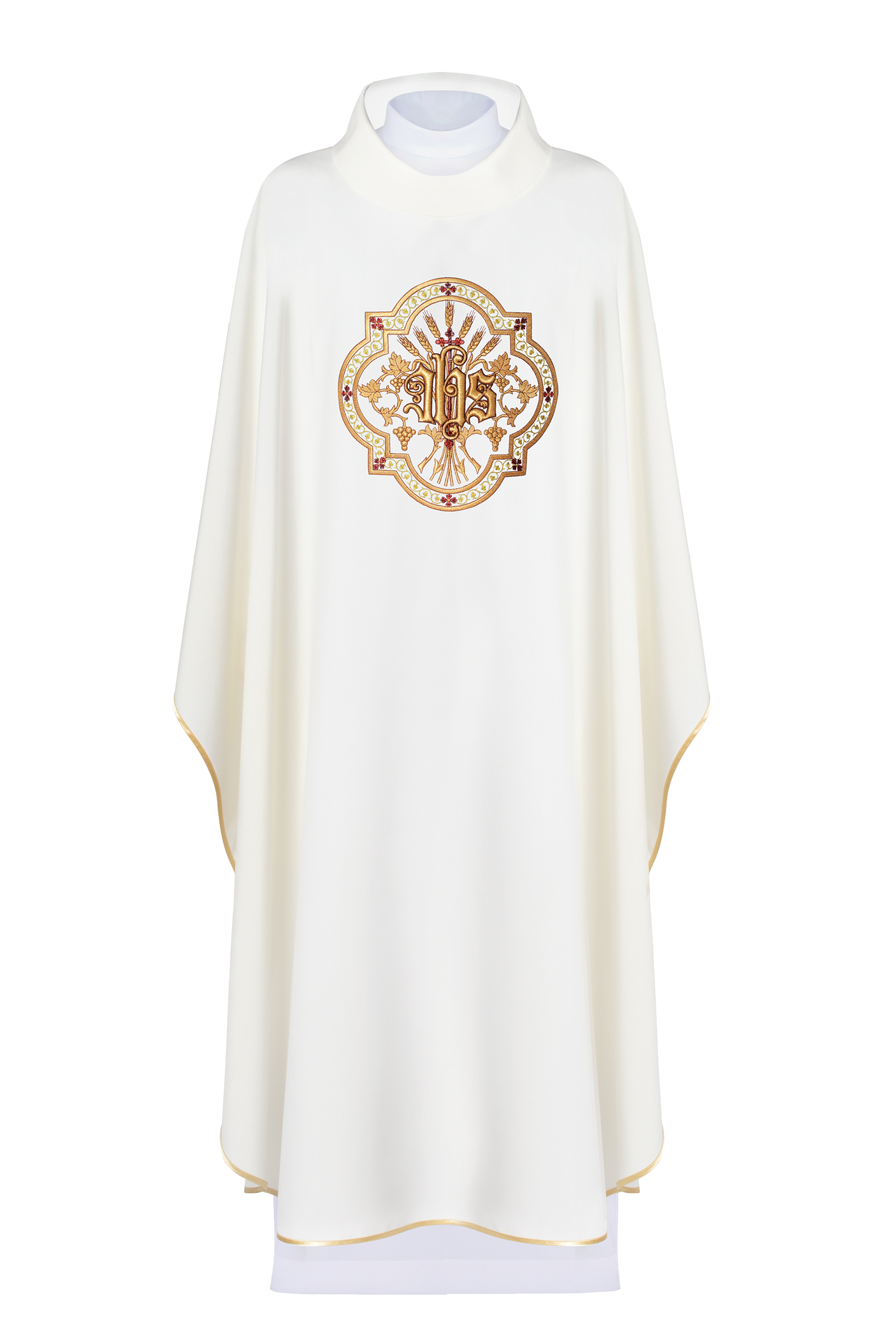 Cream chasuble with IHS and PAX embroidery