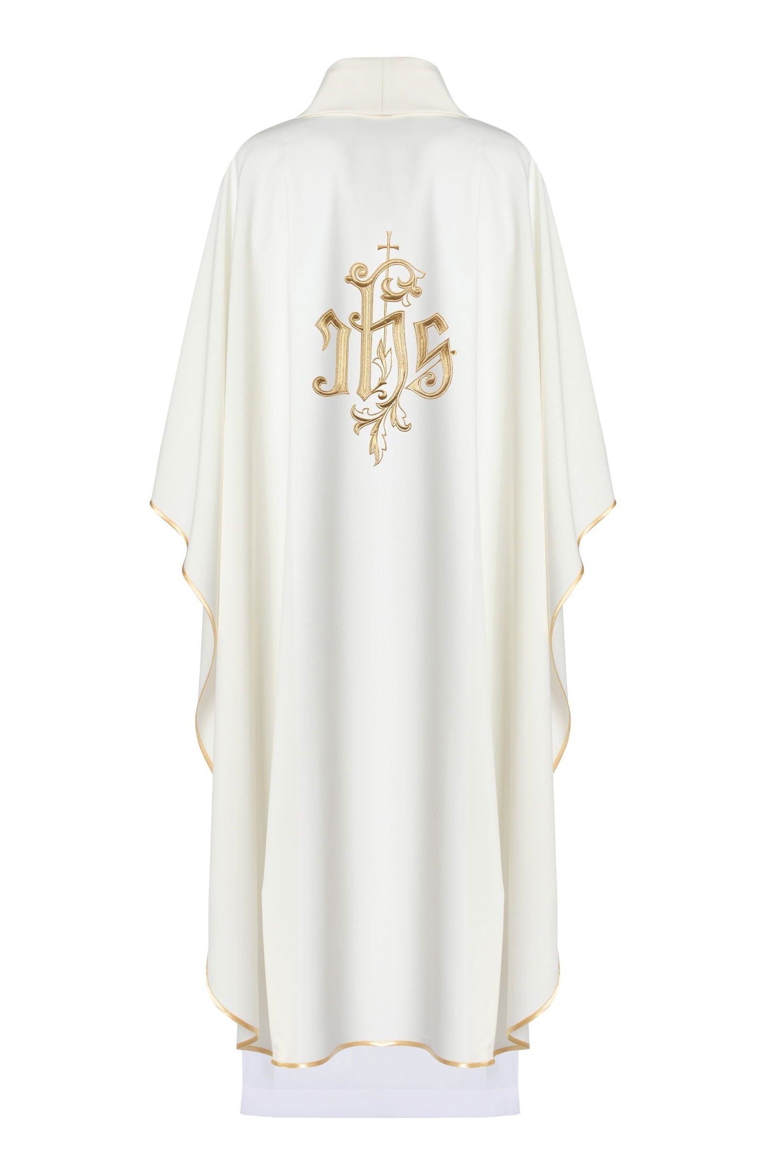 Cream chasuble with wide collar and gold IHS embroidery