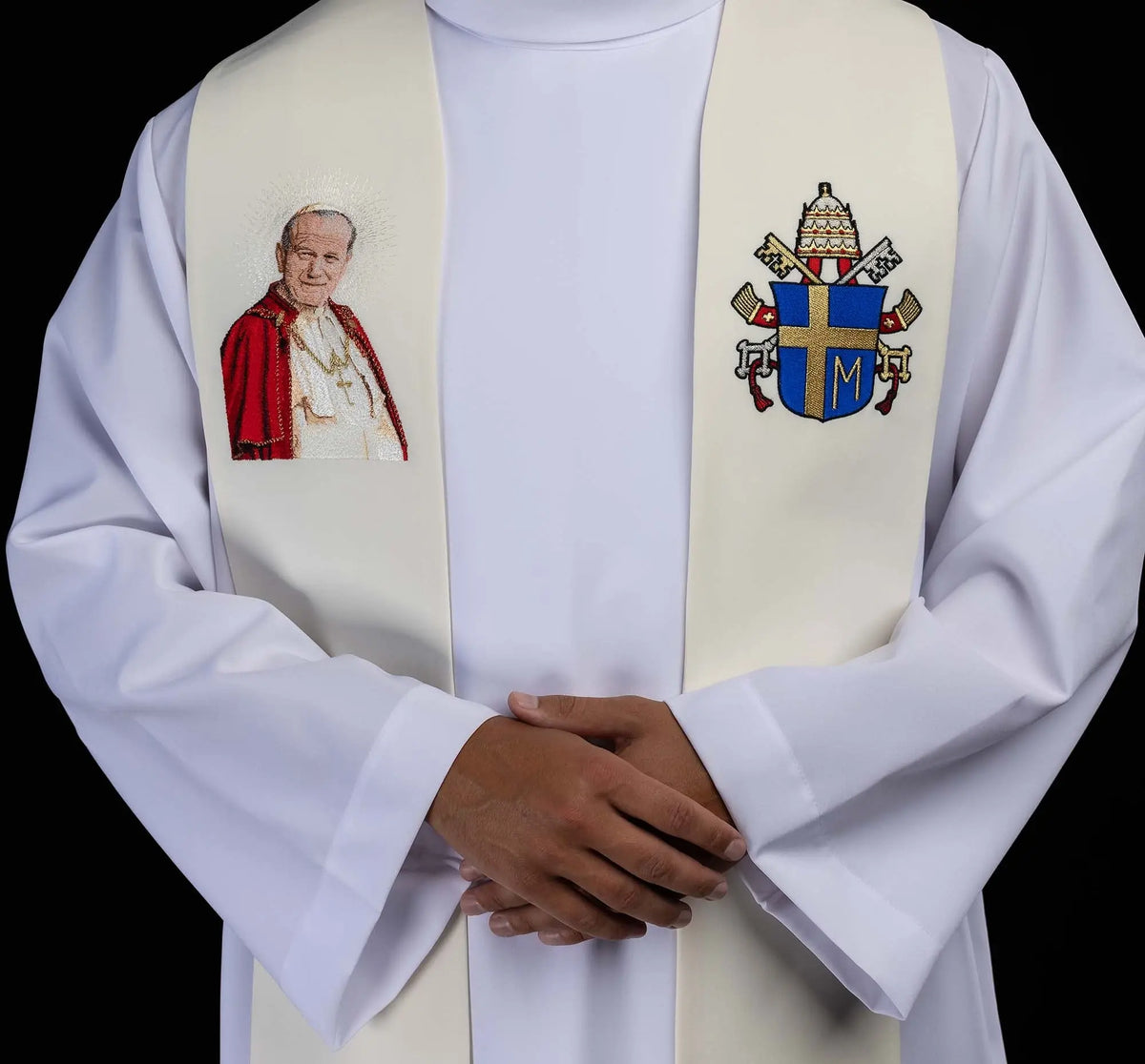 Ecru stole with John Paul II embroidery and papal coat of arms, upper front view