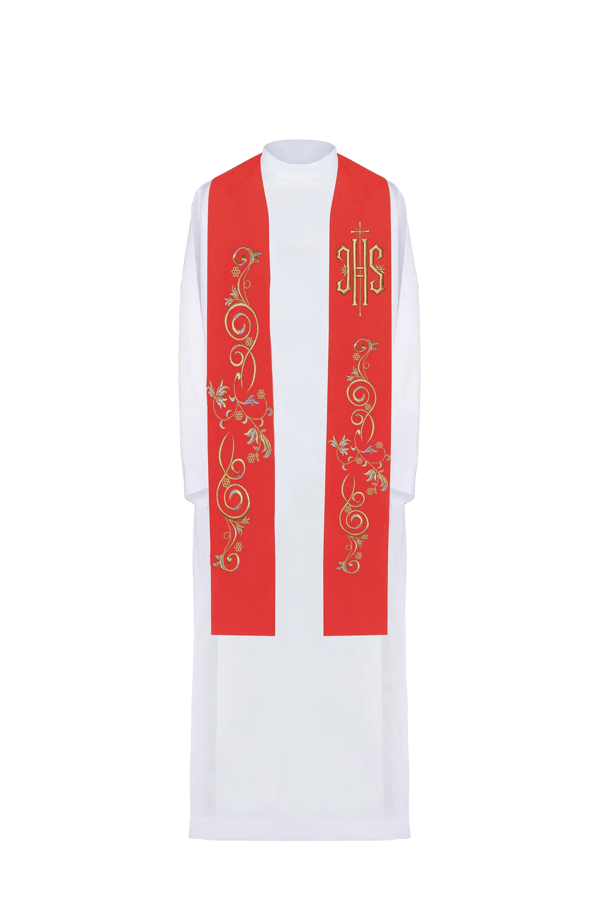 Red Priest Stole with Embroidered IHS Symbol, front view with floral scroll embroidery