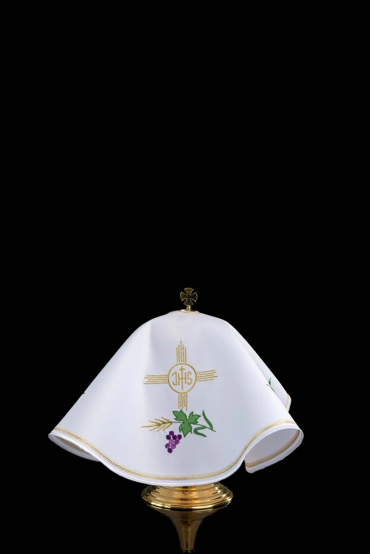 White Ciborium Veil with IHS Embroidery and Eucharistic Motifs, front view