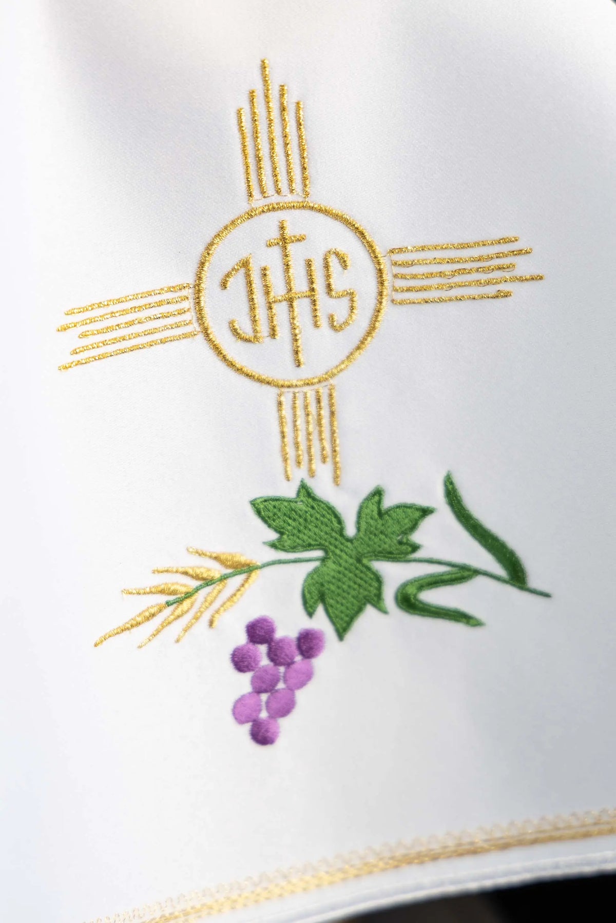 White ciborium veil with IHS, wheat, and grapes, embroidery close-up